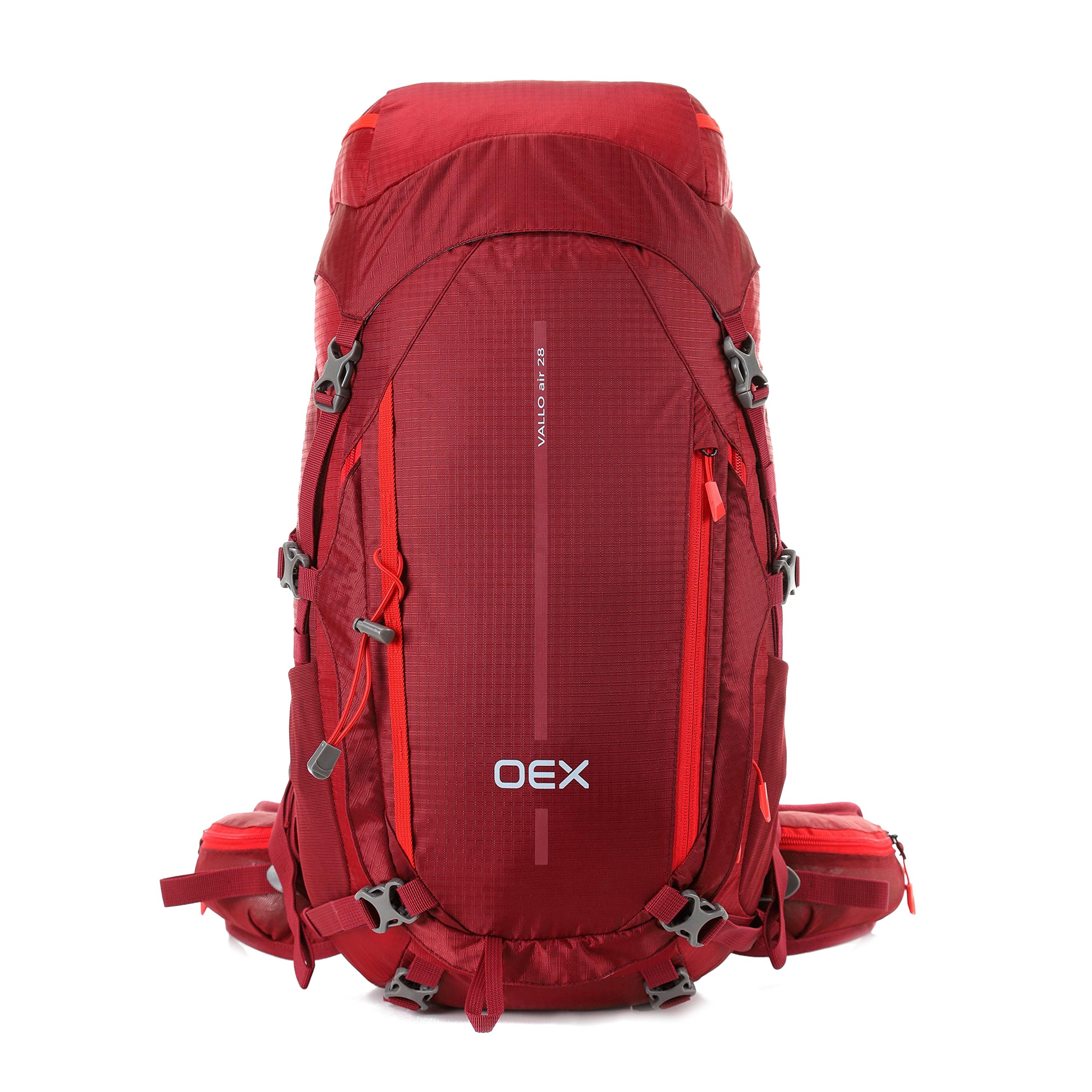 OEX Vallo Air 28 Litre Rucksack with Intergrated Raincover & Ventilated Back System, 28L Backpack, Bag for Men & Women, Lightweight, Adjustable, School, Commuting, Camping, Hiking, Travelling, Red