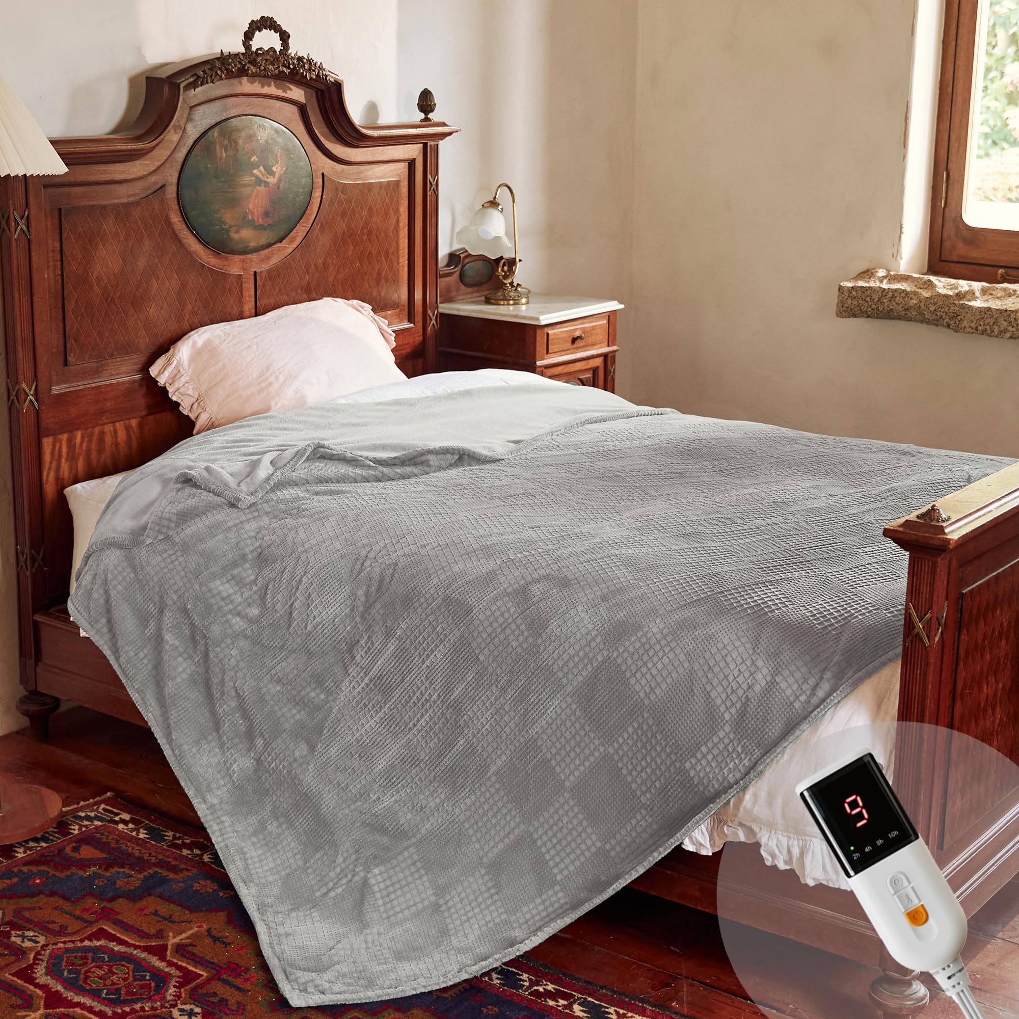 Electric Blanket Twin Size 62''X84'' - Heated Blanket with Single Control Fast Heating 9 Heating Levels & 10 Hours Auto Off,ETL Certified Machine Washable (Grey)