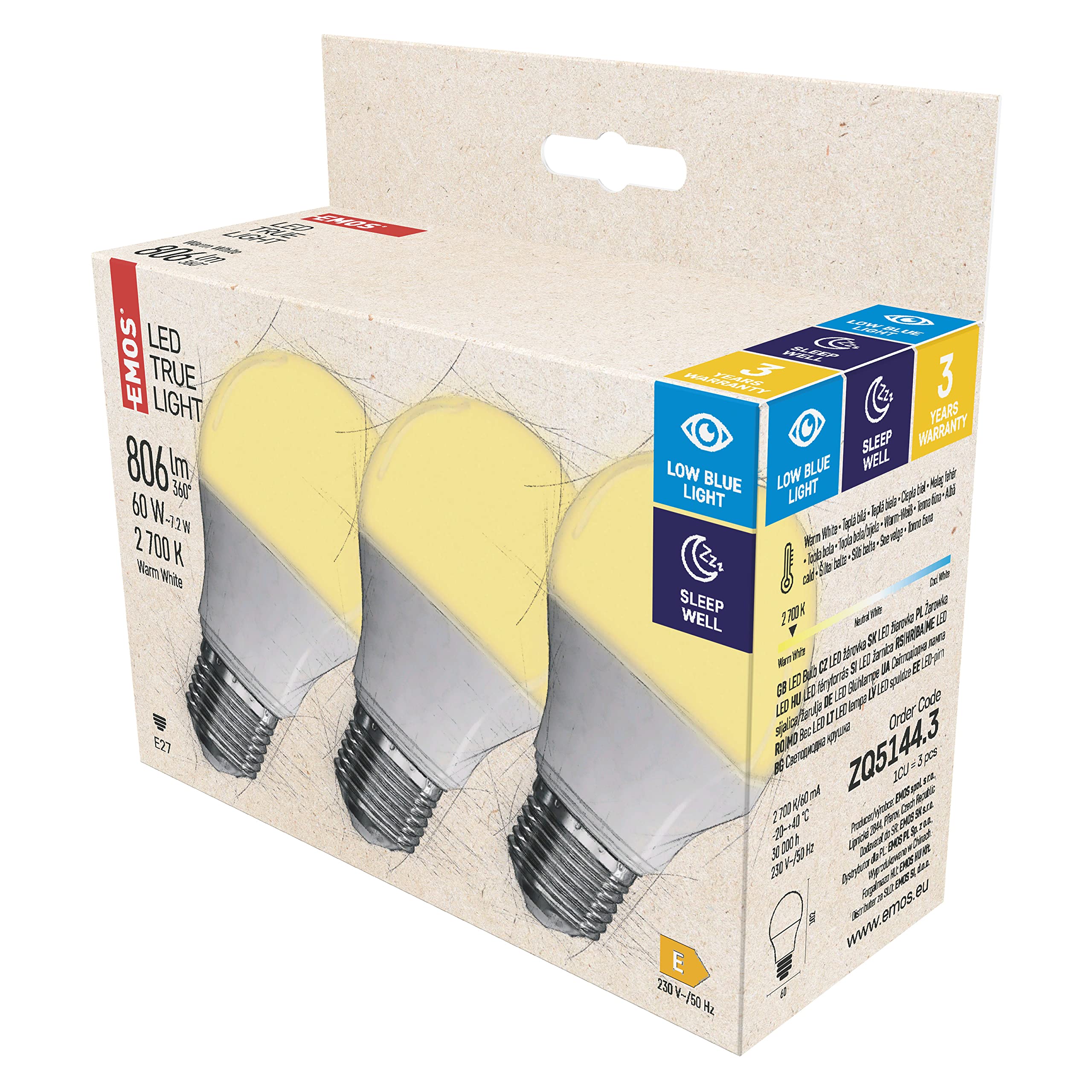 EMOS True Light A60 Shape 7.2W LED Light Bulb Replacement for 60W Incandescent Bulb, E27 Base, Brightness 806lm, Warm White 2700K, 30000 Hours Burn Time, CRI Min. 94, 180° Beam Angle, Pack of 3
