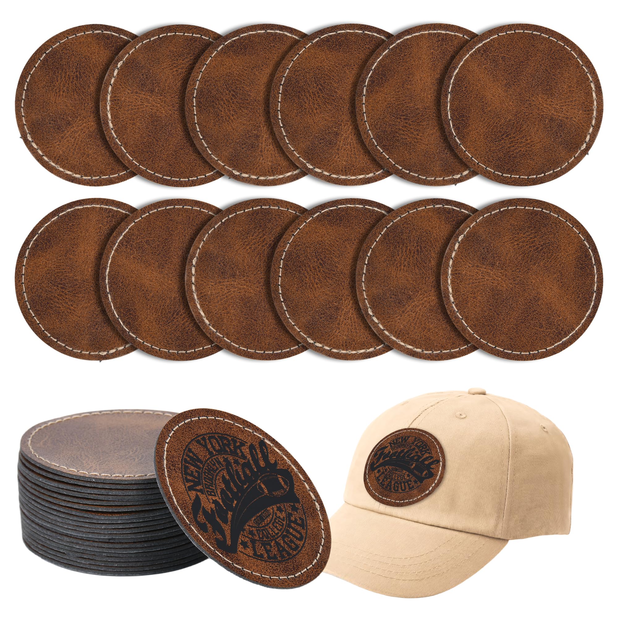Faux Leather & Leatherette Hat Patches - 60 Pack Blank Laserable Patches with Adhesive Backing for Customization, Fabric Repair, Sewing & Laser Engraving Supplies (2.5Inch)