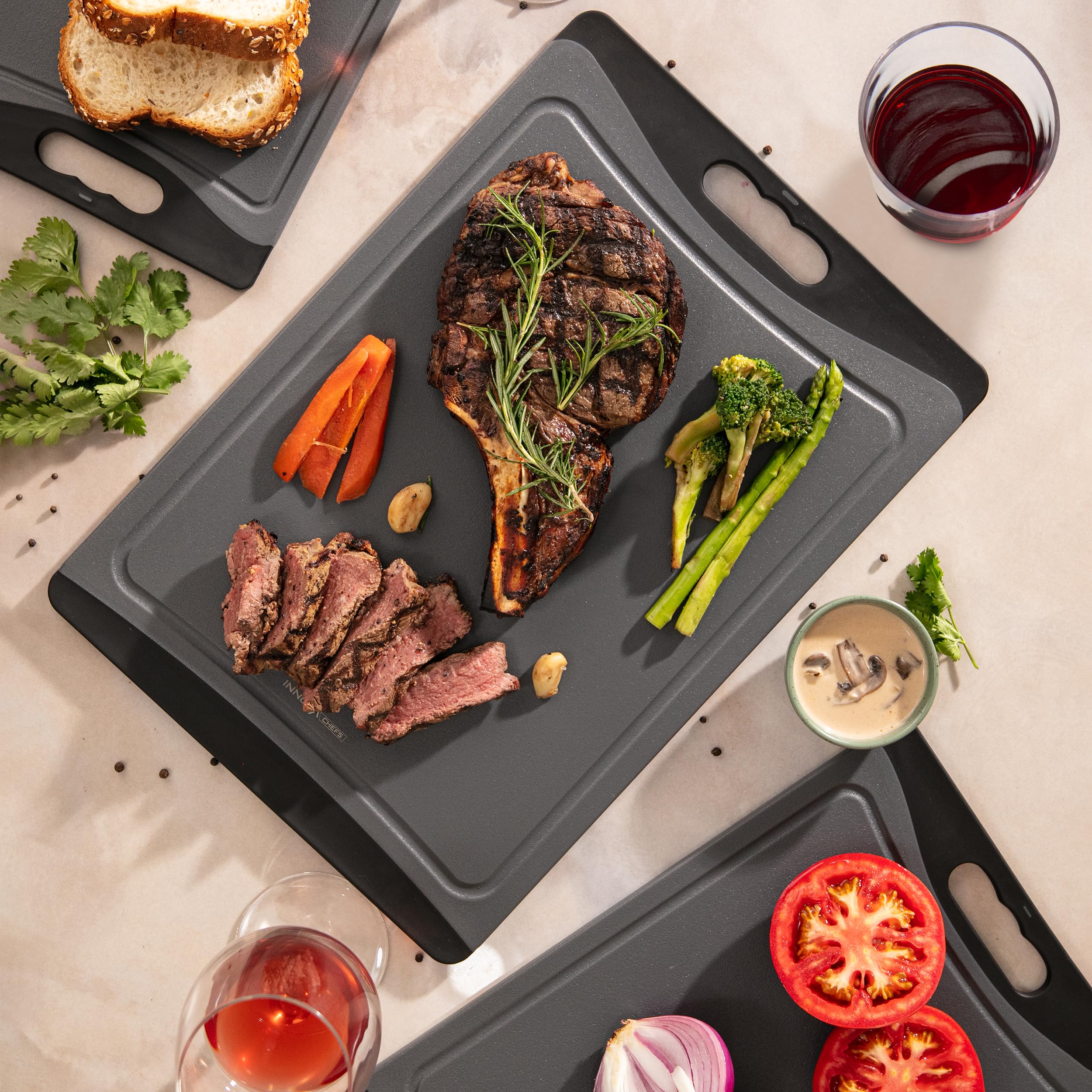 Tablas de cortar de plástico para cocina (gris/negro) - Paquete de 3 tablas de cortar de plástico antideslizantes y reversibles para cortar fácilmente - Juego de tablas de cortar aptas