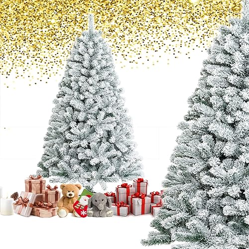 GLACER Árbol de Navidad flocado de nieve de 6 pies, árbol completo artificial con bisagras de metal y base plegable, Navidad navideña prémium para