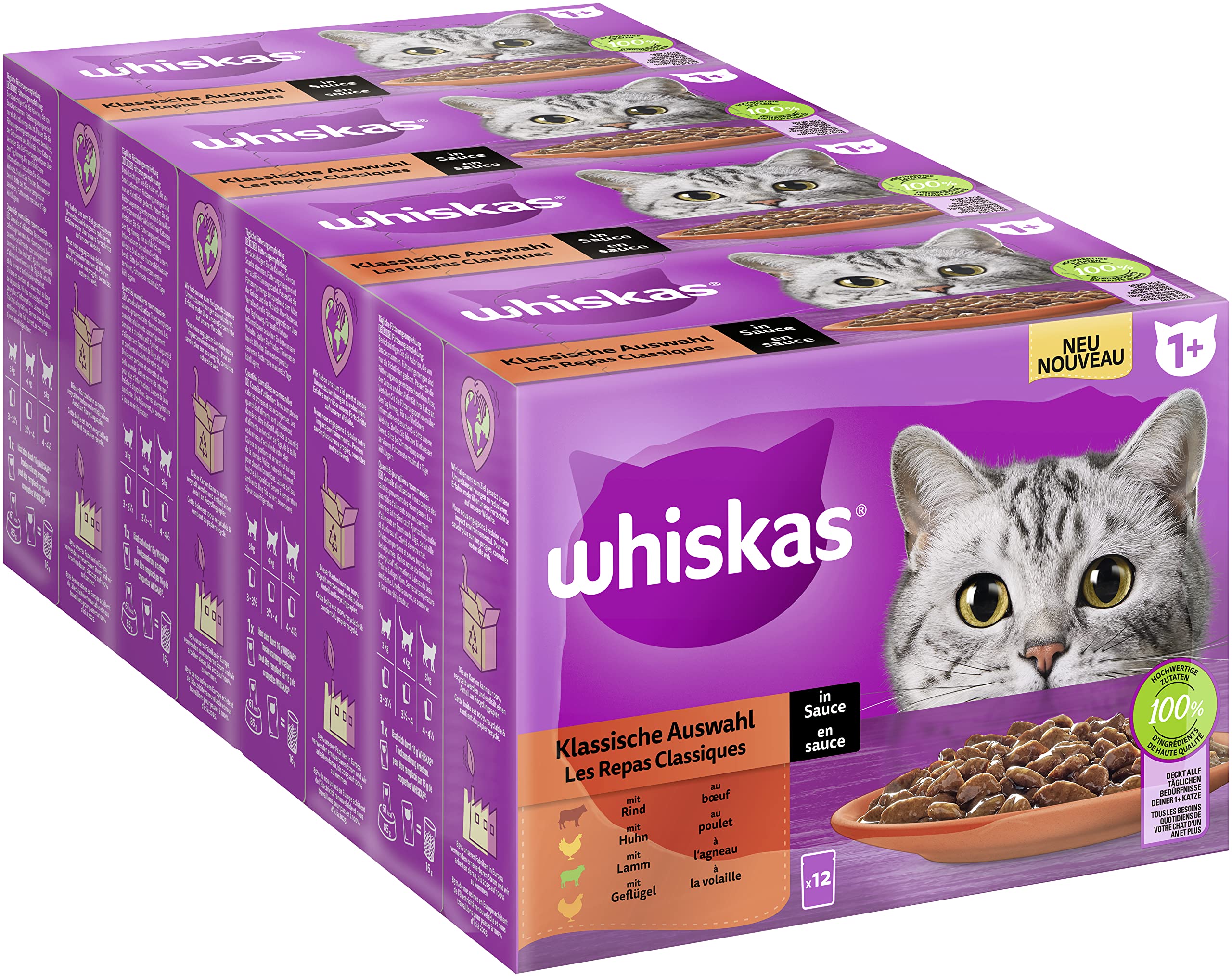Whiskas 1+ Wet Cat Food Classic Selection in Sauce, 12 x 85g (4 Pack) - Wet Cat Food Adult in 48 Portion Bags