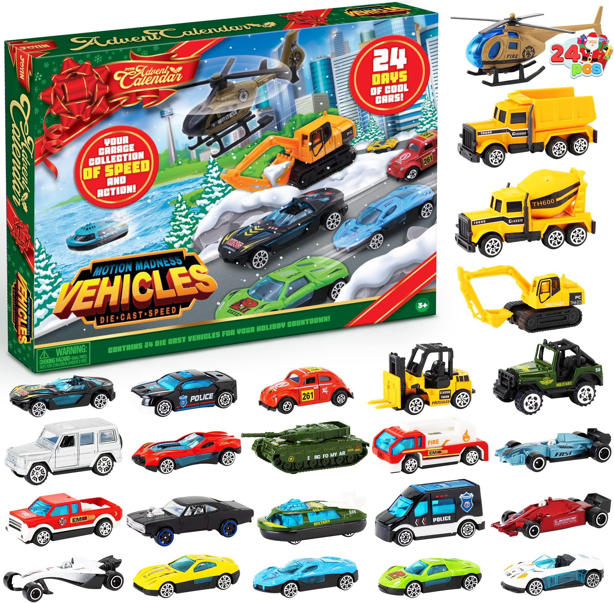 JOYIN 2025 Christmas Advent Calendar for Kids, 24 Days Countdown Calendar Toys with Diecast Cars Set for Boys Kids Party Favors Gift