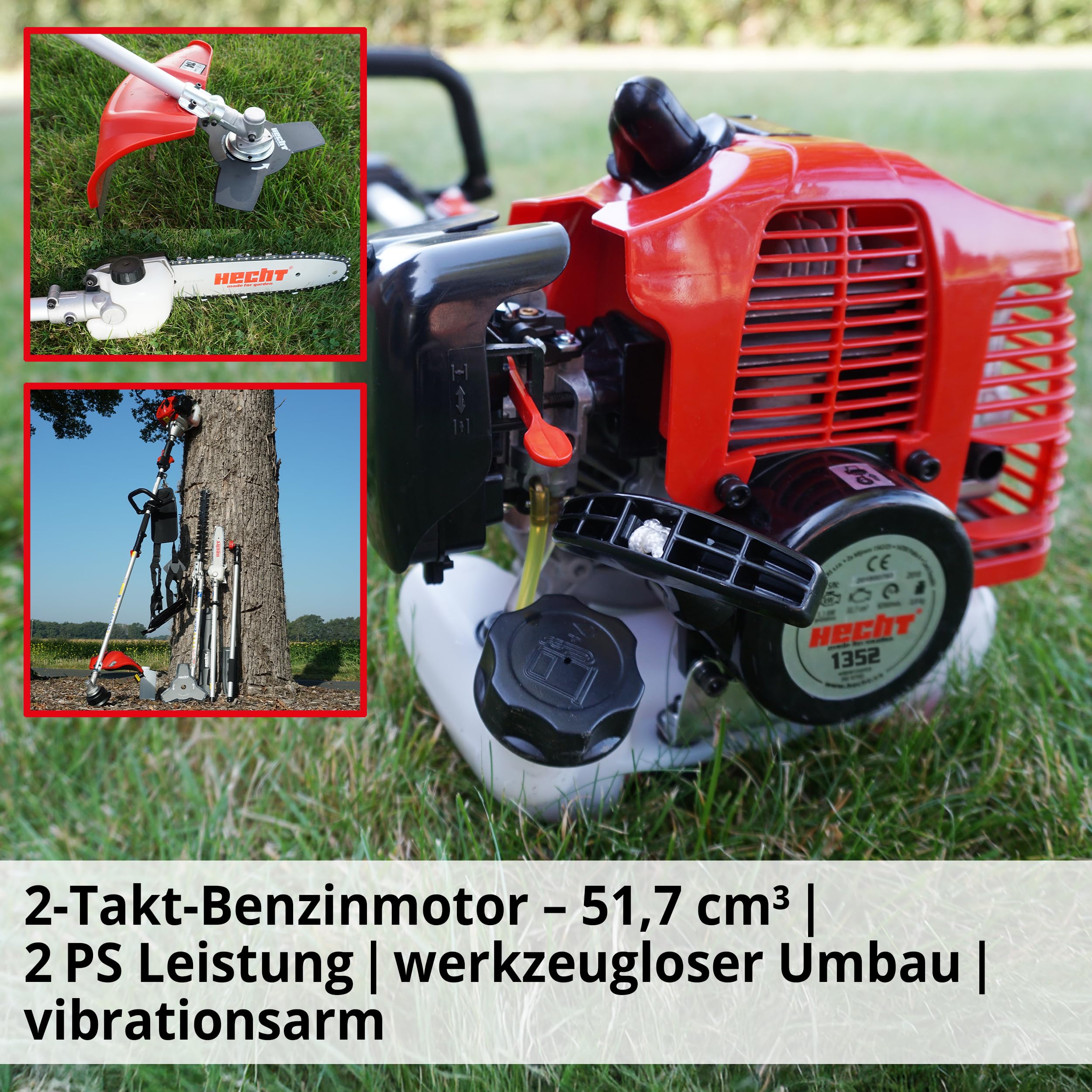 HECHT Hochwertiges 4 in 1 Benzin Multifunktionsgerät - Starke 2 PS - Freischneider, Rasentrimmer, Hochentaster und Heckenschere in Einem I Mit idealer Verlängerung