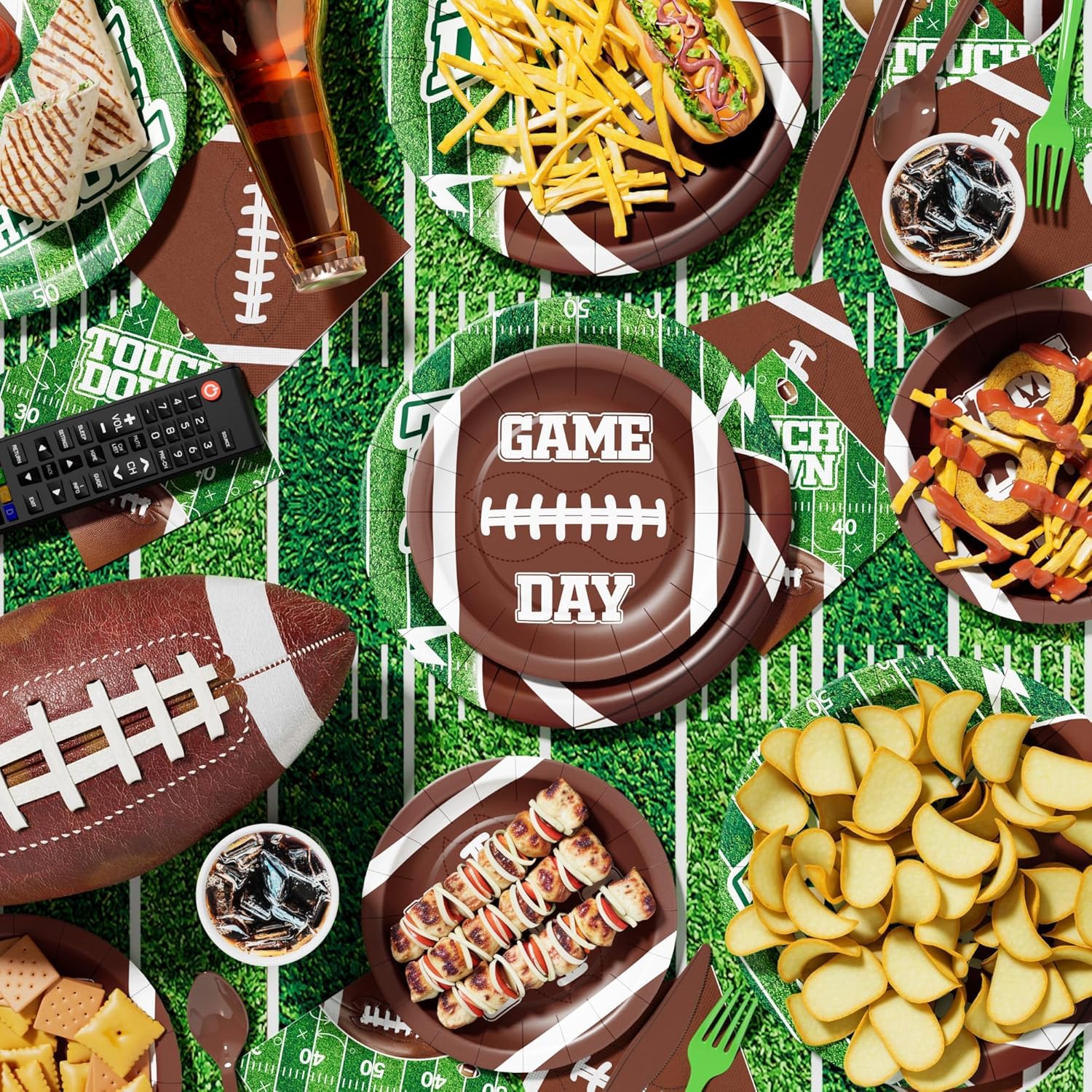 Ecomore 173PCS Football Party Decoration Kit(Serve 24), Easter Decoration Football Themed Birthday Party Supplies with Disposable Paper Plate Napkin Cup Cutlery Banner Touchdown Tablecloth Party Decor