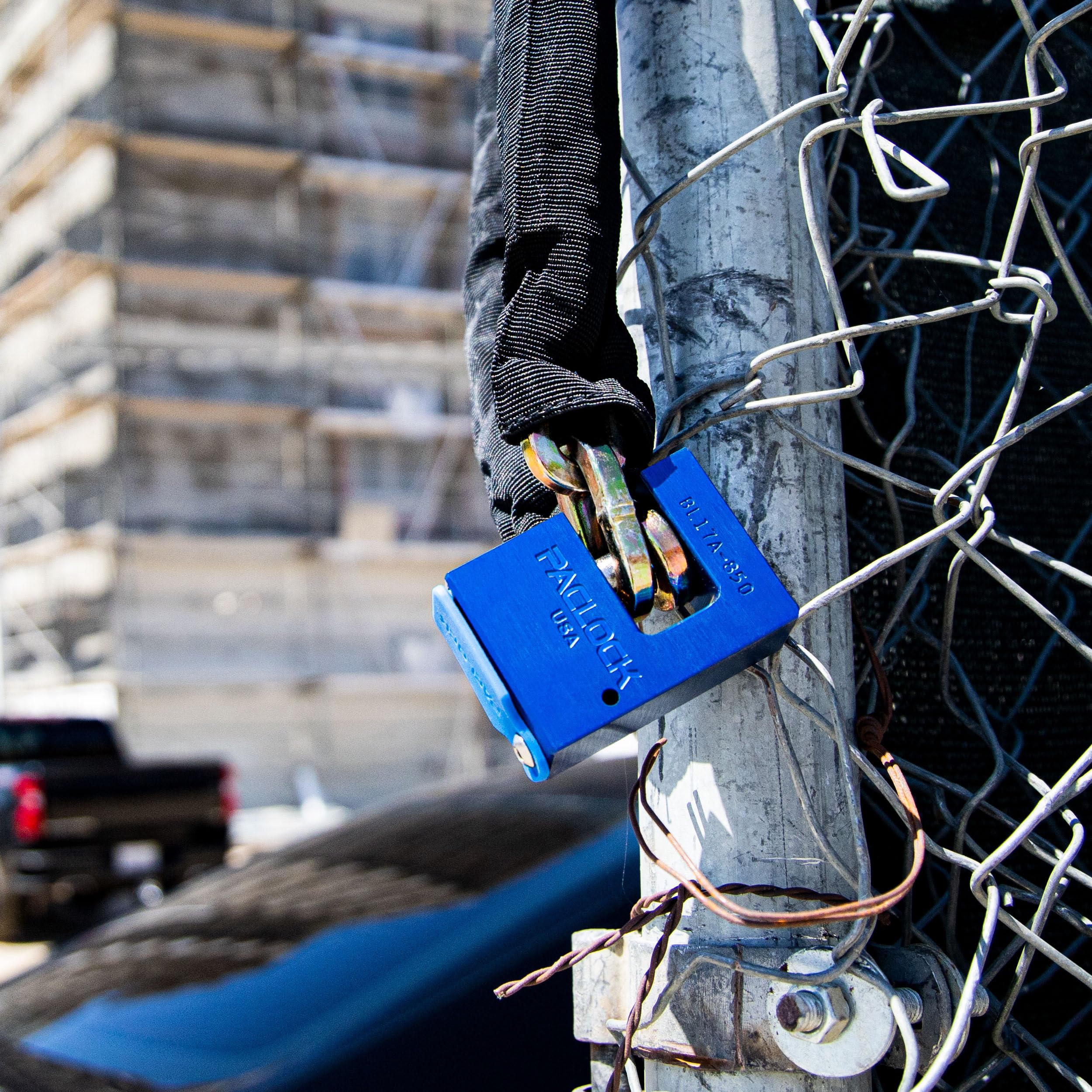 PACLOCK's 17-850-Series Block-Lock, Standard Rekeyable (SR), Keyed Different, Blue Anodized Aluminum