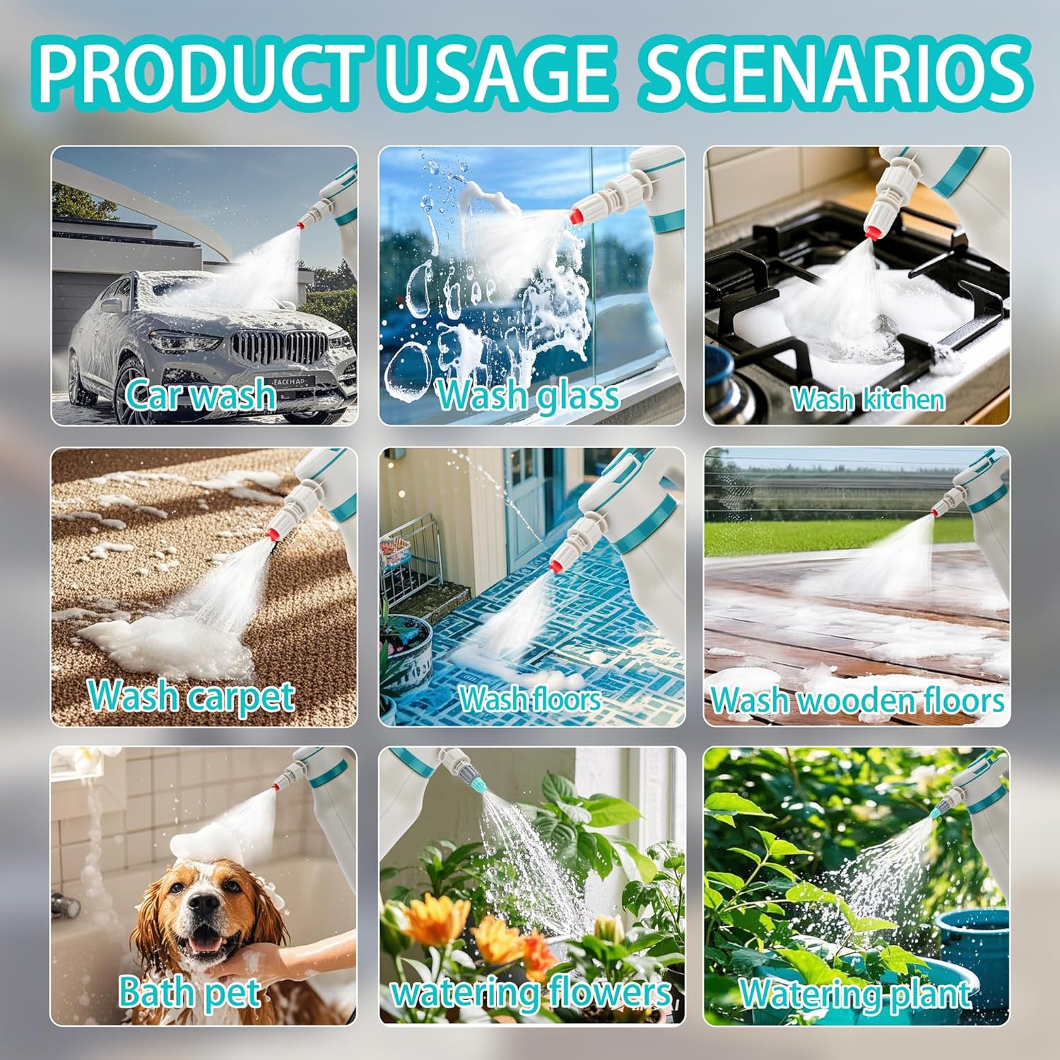 Electric Foam Sprayer Car Wash, 0.5Gallon 2L Rechargeable Battery Power Display Auto Pressure Foamer Spray Bottle, 2 Nozzles Mode Spray