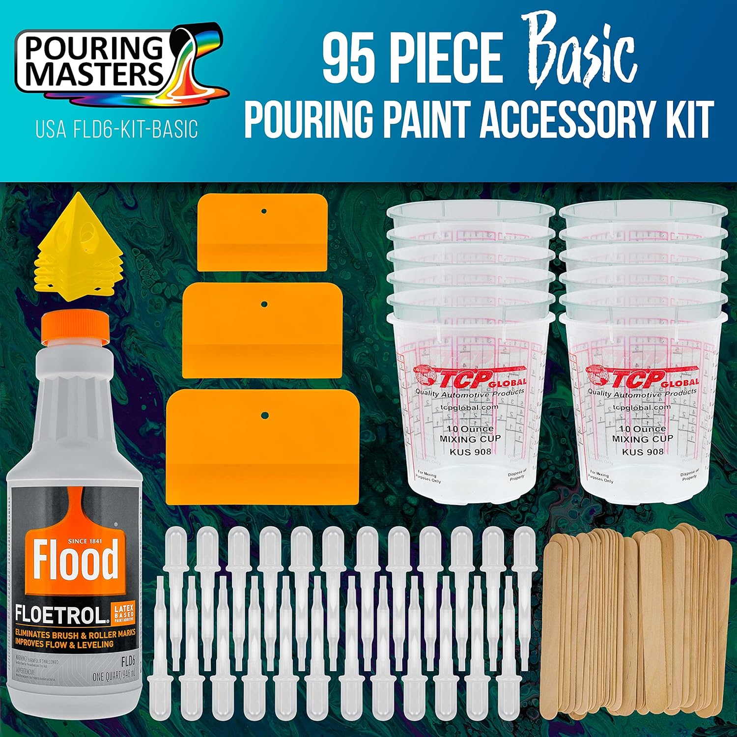 U.S. Art Supply - 1 Quart Floetrol Additive Pouring Supply Paint Medium Basic Kit for Mixing, Stain, Epoxy, Resin - Plastic Cups, Mini Painting Stands, Sticks, Spreaders
