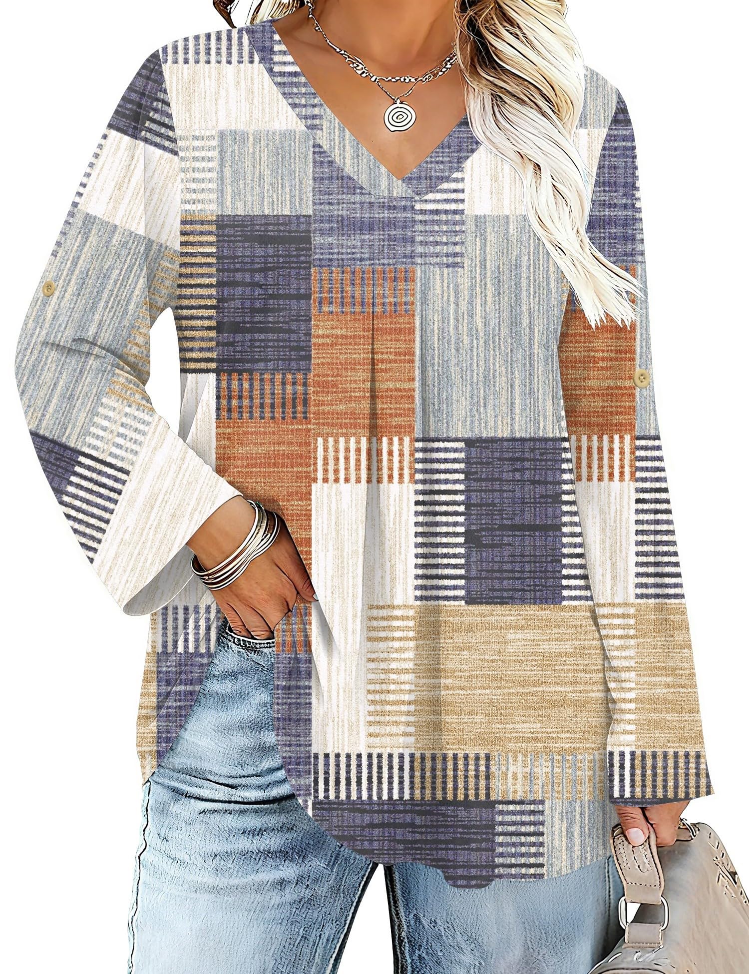 Damen Plus Size Bluse 3/4 Langerm V-Ausschnitt Tops Locker Tunika Große Größen Shirt Elegant Lässig Oberteil 2025