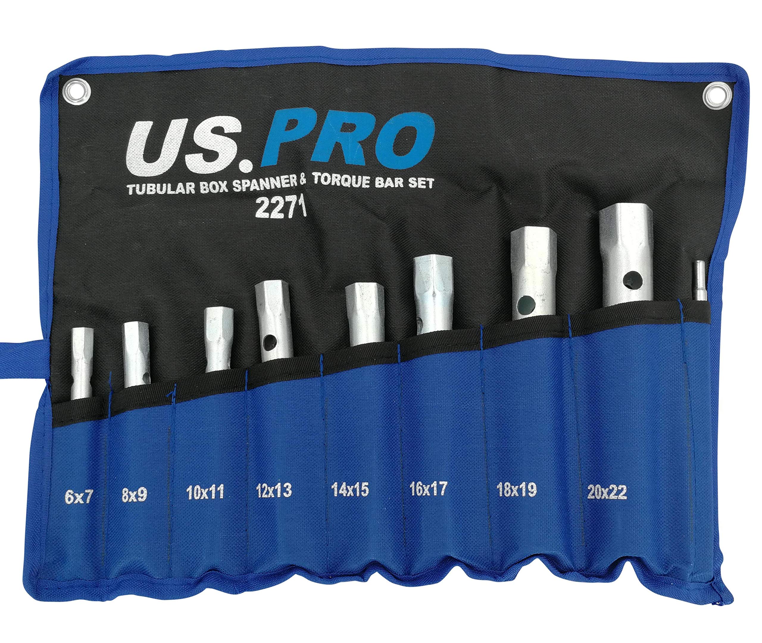 US PRO 8PC Tubular Box Spanner + Torque BAR Set, 6x7 - 20x22 mm, Tubular Socket Spanner Set, Wrench Set, Chrome - Image 2