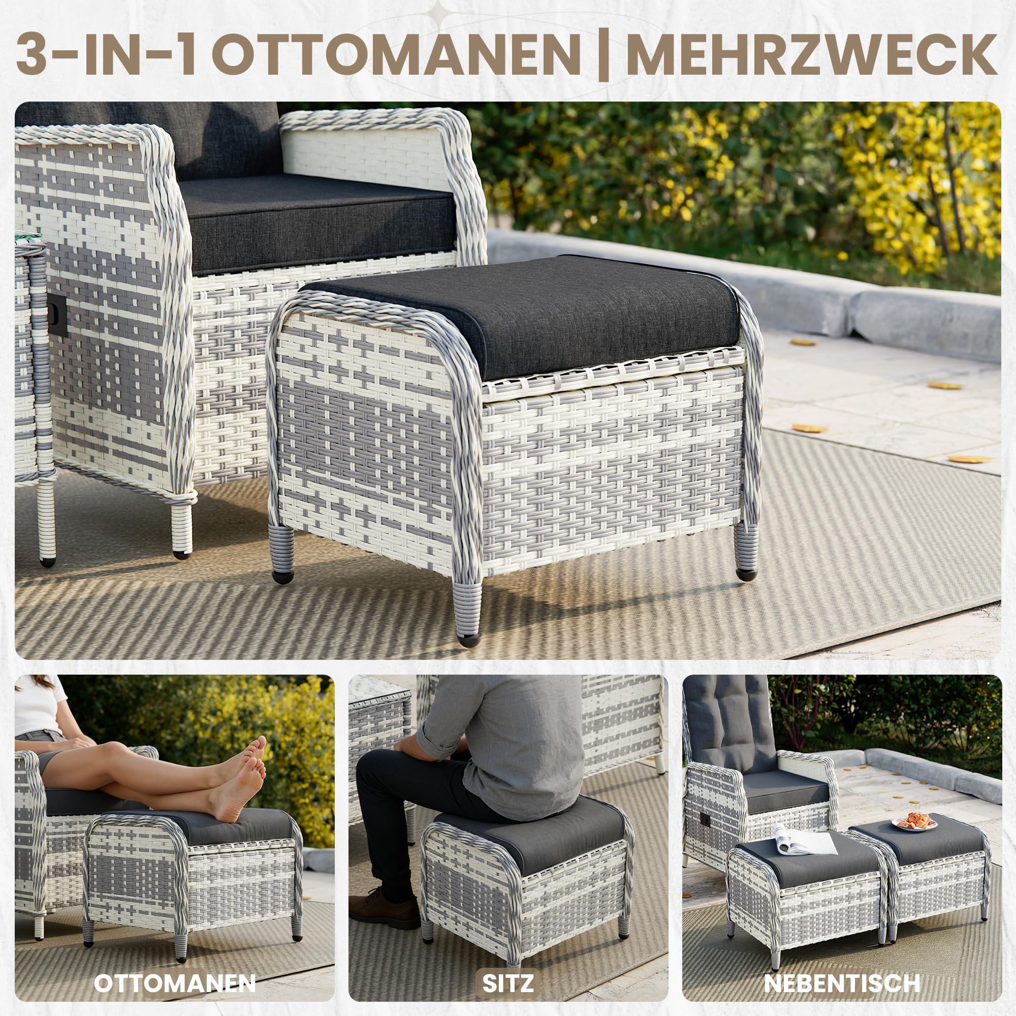 ALAULM 5-teiliges Rattan Gartenmöbel Set mit 2 verstellbaren Relaxsofas, 2 Hockern & 1 Couchtisch, wetterfestes Polstergarnitur für Terrasse, Balkon, Garten (Schwarz)