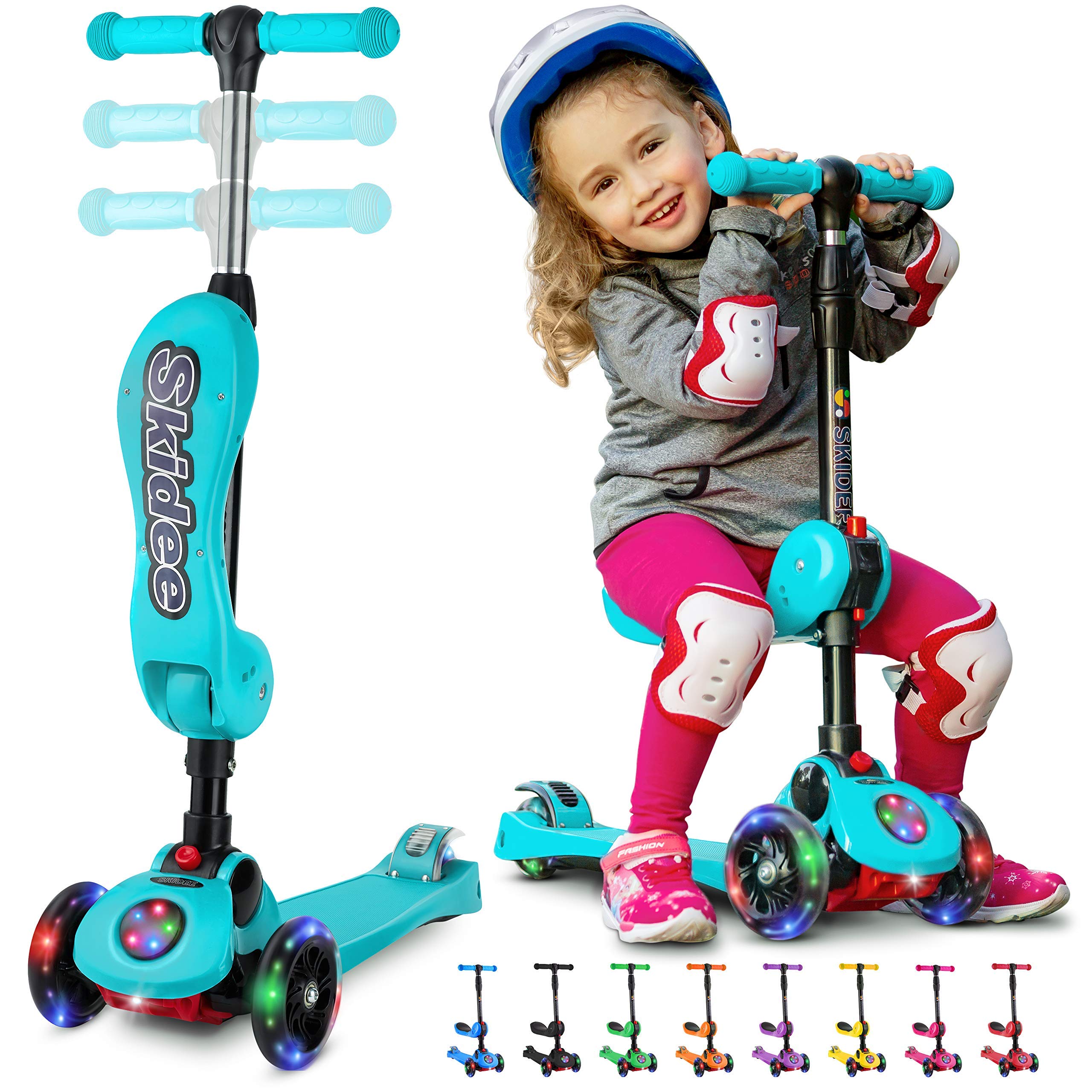 skidee kick scooters for kids ages 3-5(suitable for 2-12 year old)adjustable height foldable scooter removable seat, 3 led light wheels,rear brake,wide standing board,outdoor activities for boys/girls
