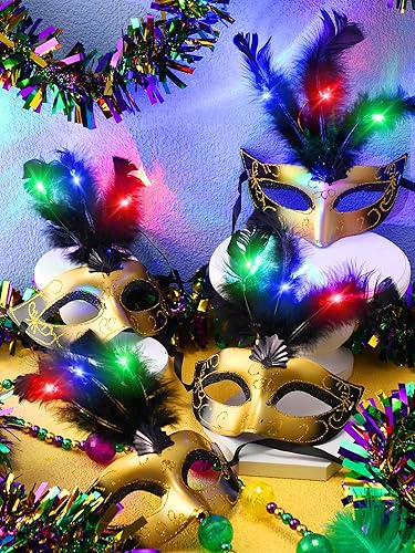 Miniatura 6 de Shappy 36 máscaras de plumas de Mardi Gras a granel de Nueva Orleans, máscara de plumas de Mardi lentejuelas, máscara LED de carnaval, máscaras de
