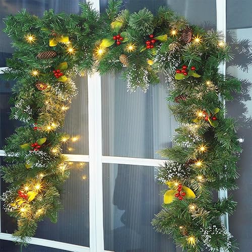 Juegoal Guirnalda de Navidad preiluminada de 9 pies, guirnalda de vegetación artificial de Navidad con 50 luces LED blancas cálidas, funciona con