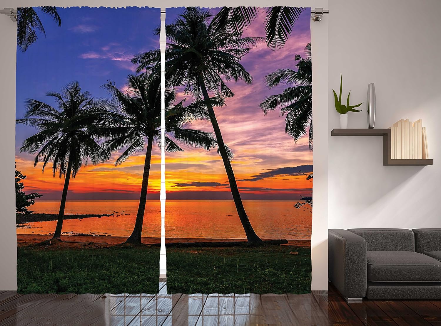 Ambesonne Tropical Curtains, Exotic Palm Trees Pattern with Beach and Ocean Sunset in Hawaii Summer Season, Living Room Bedroom Window Drapes 2 Panel Set, 108" X 90", Blue Purple
