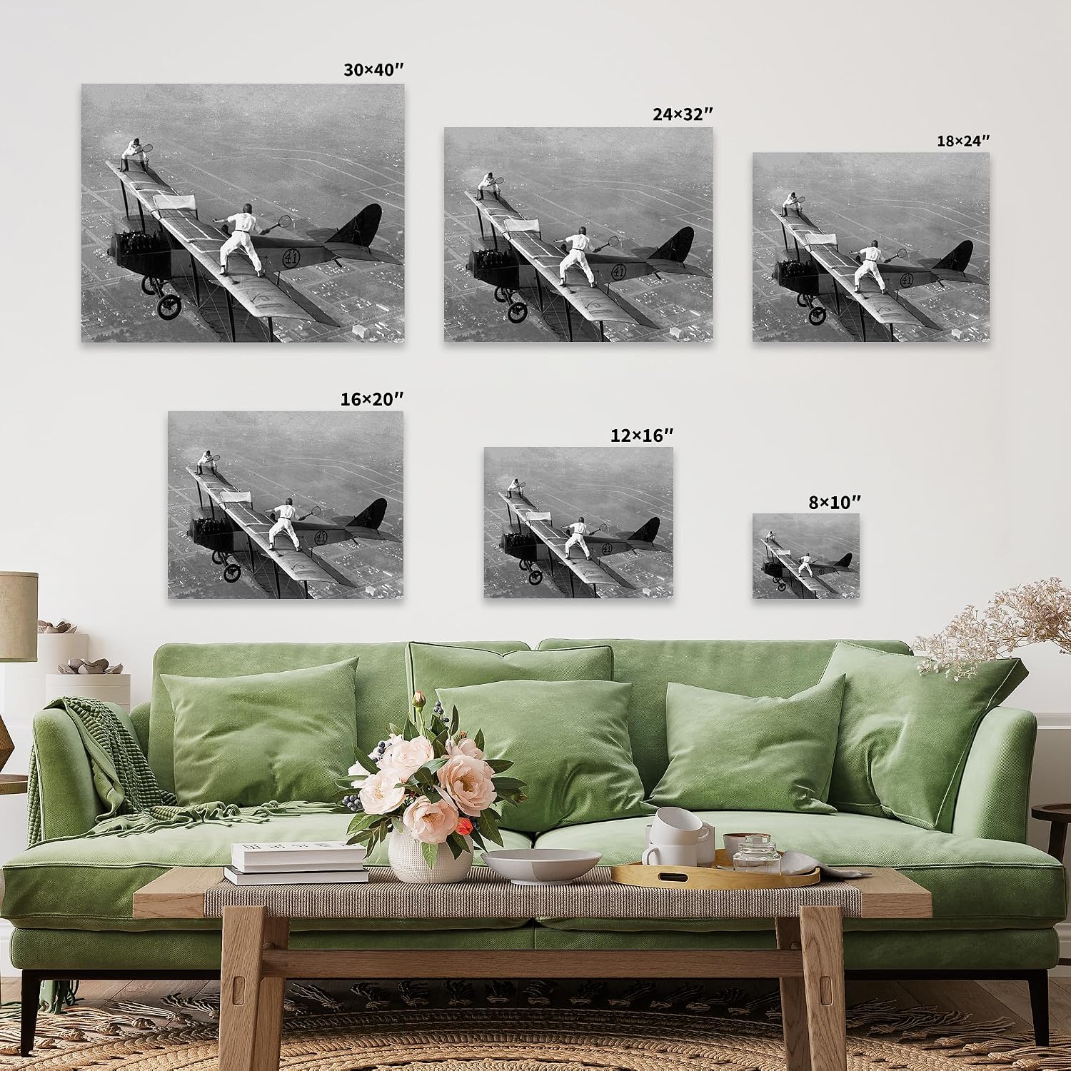 Poster Master Tennis Canvas - Retro Tennis on Airplane Wings Print - Sports Art - Gift for Men, Women & Athlete - Funny Wall Decor for Bedroom, Living Room, Office - 8x10 STRETCHED Canvas