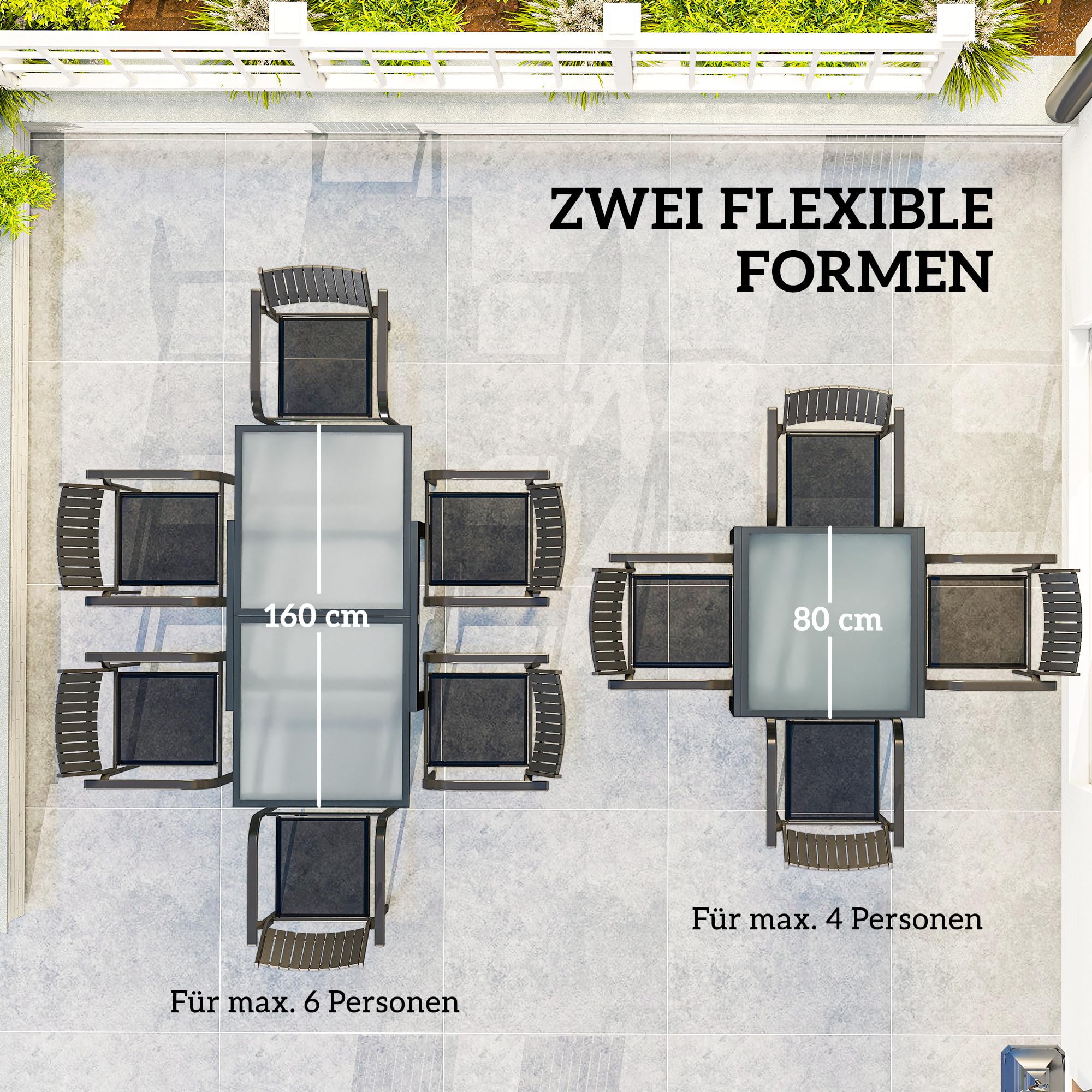 Outsunny Gartentisch, Balkontisch mit Klappbarer Tischplatte, Terrassentisch mit Glas Tischplatte, Esstisch für Garten, 160 x 80 x 75 cm Transparent