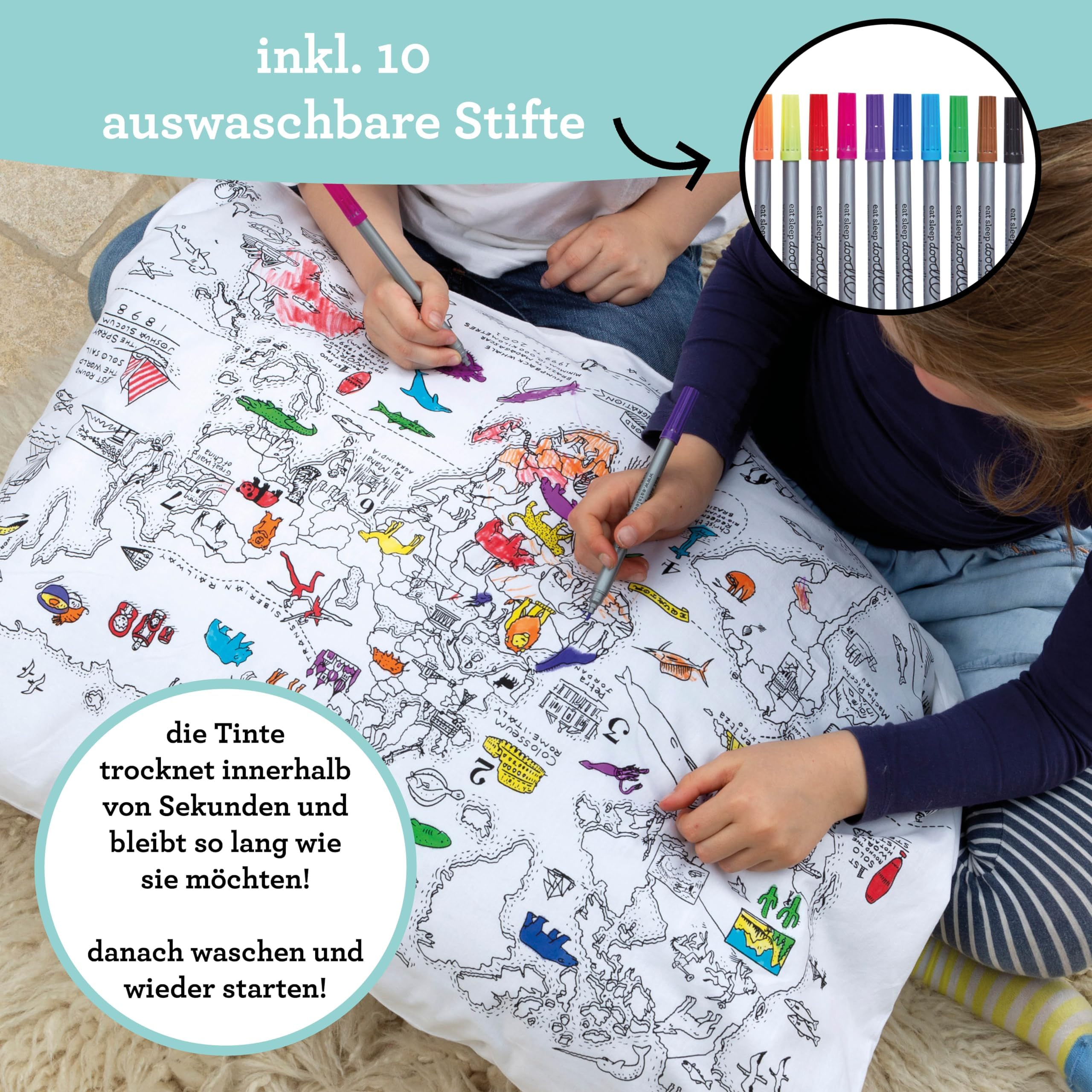 Eatsleepdoodle Weltkarte Tischdecke Zum Ausmalen - 130x85cm Mit 10 Stiften