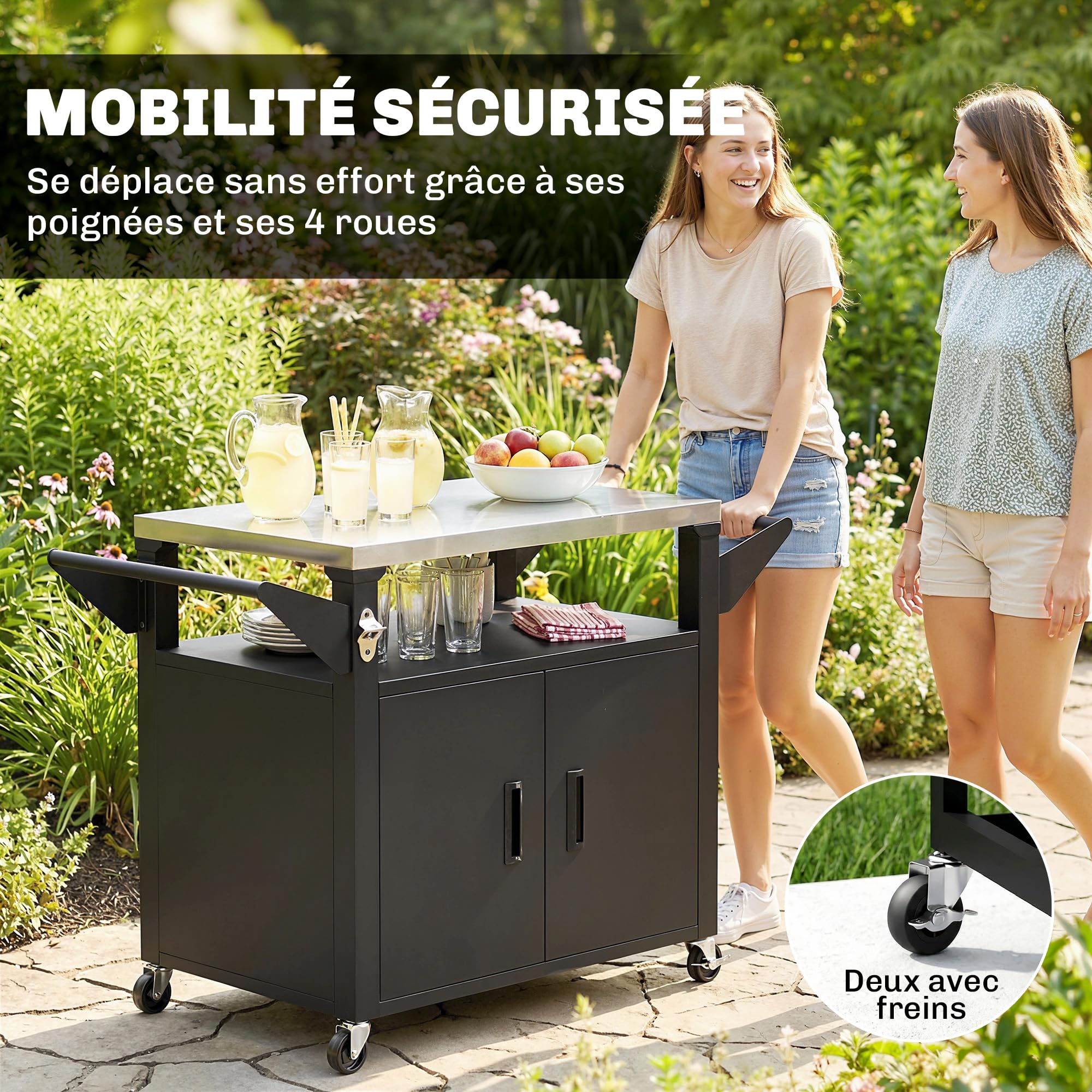 Outsunny Desserte Jardin avec Plan de Travail Inox - Chariot Barbecue à Étagère Coulissante - Meuble Cuisine Extérieur avec Armoire de Rangement pour Table Four à Pizza et Plancha, Noir