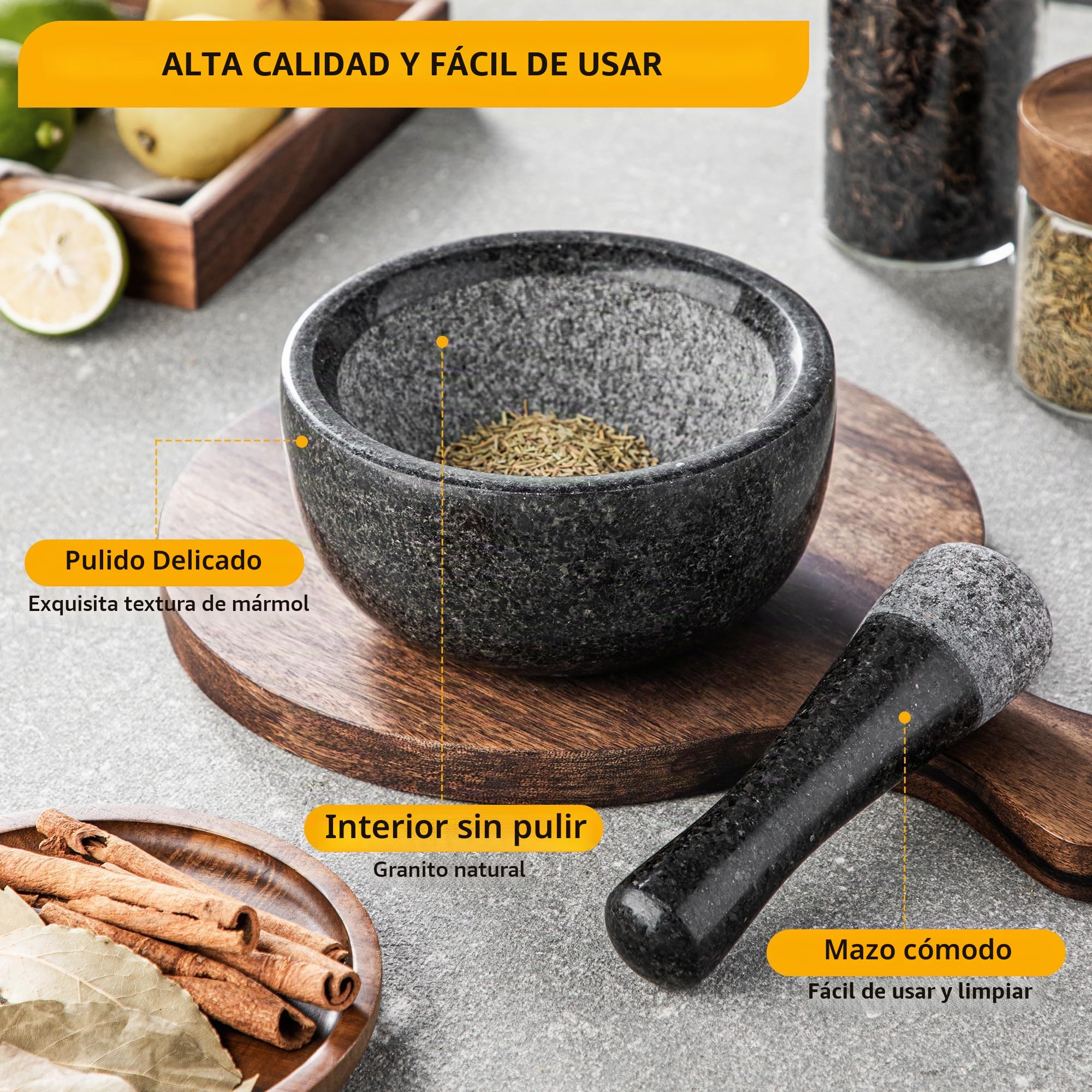 Velaze - Mortero y Millón de cocina de granito, para especias y hierbas, diámetro de 16 cm, color piedra natural