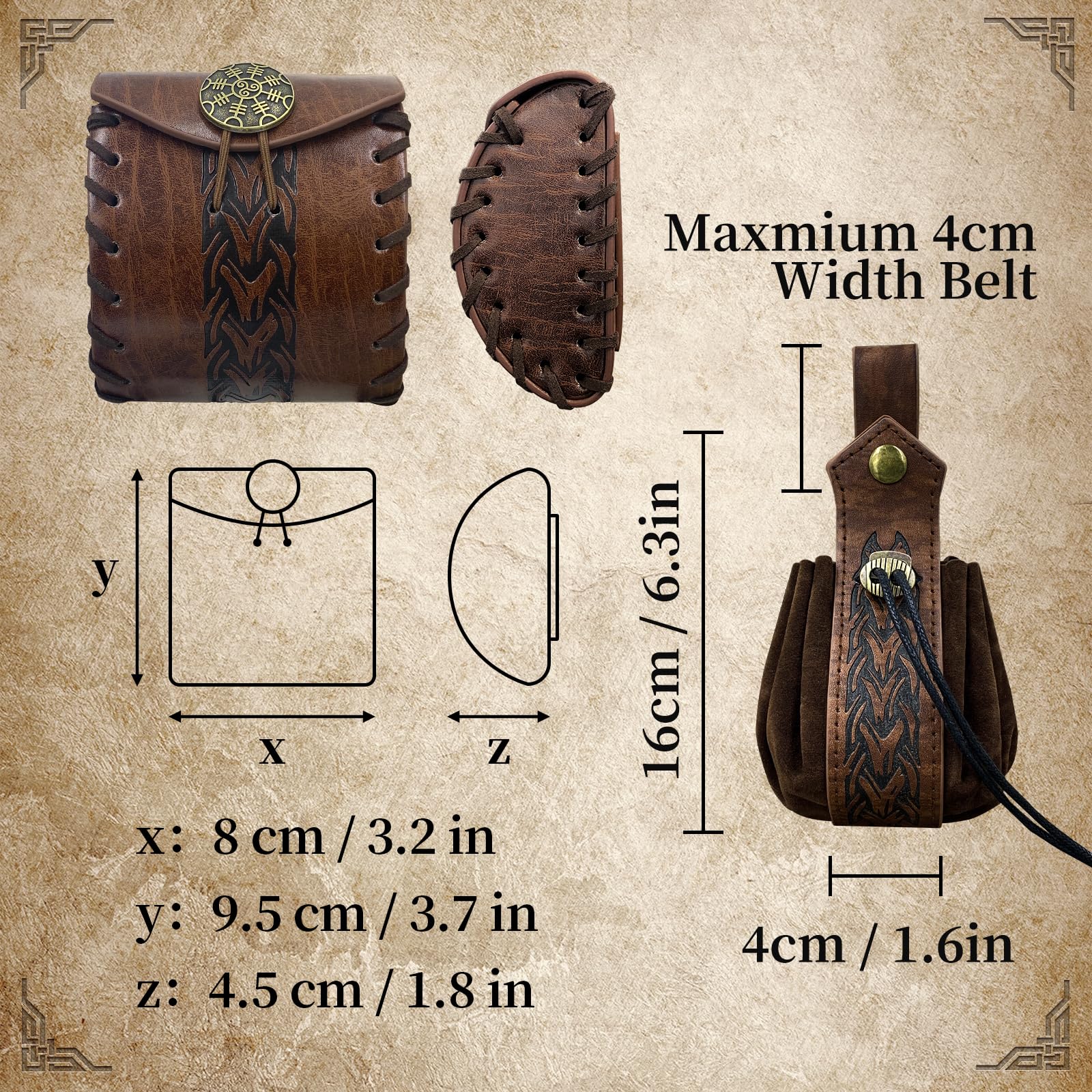 EpicCos 2 PCs Medieval Faux Leather Belt Bag, Renaissance Drawstring Pouch Dice Bag, Vintage Side Pack Coin Purse for LARP (Brown A)