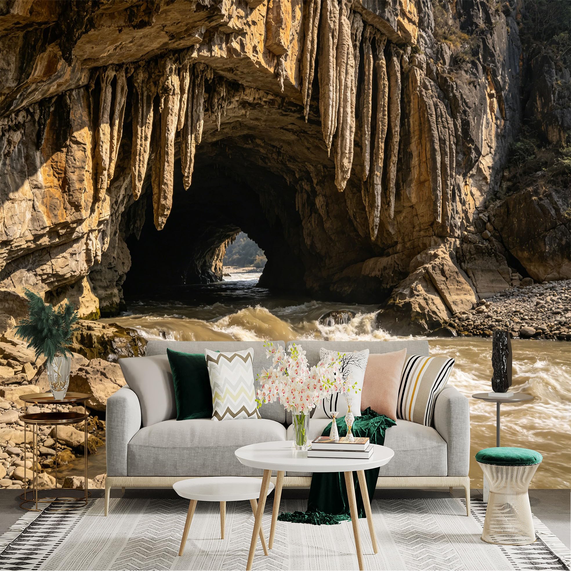 Lnzczhyre Dbh260521185 Custom Size Wall Sticker Mural， Natural Karst Cave With Flowing River， Limestone Stalactites， Geological Landscape， Scenic Waterway， For Wall Decoration， Peelandstick Wall Decals.