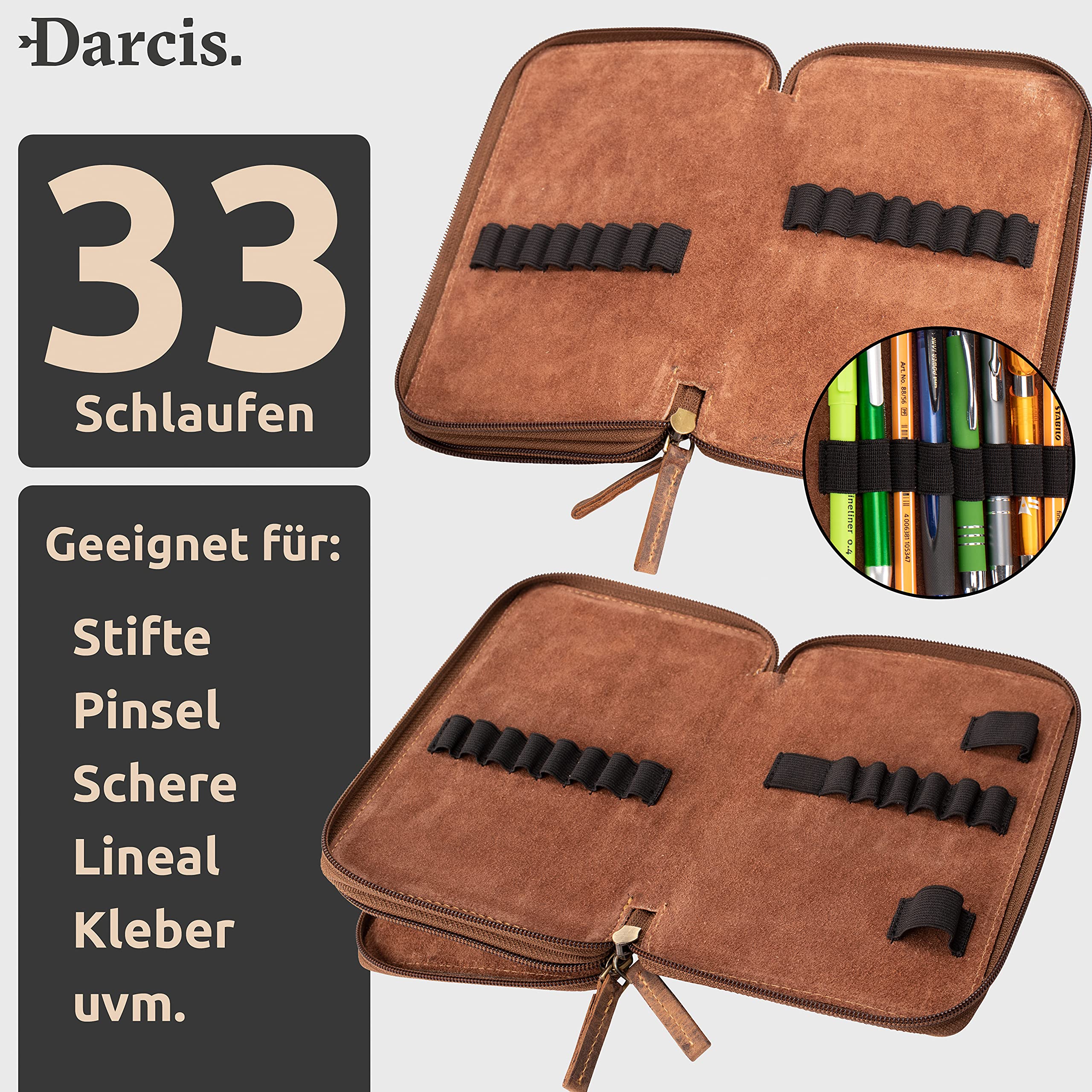 Federmäppchen Leder Braun - Stifteetui aus hochwertigem Rindsleder mit 33 Schlaufen - Handgefertigtes Mäppchen - Leder Etui - Stiftemappe Vintage