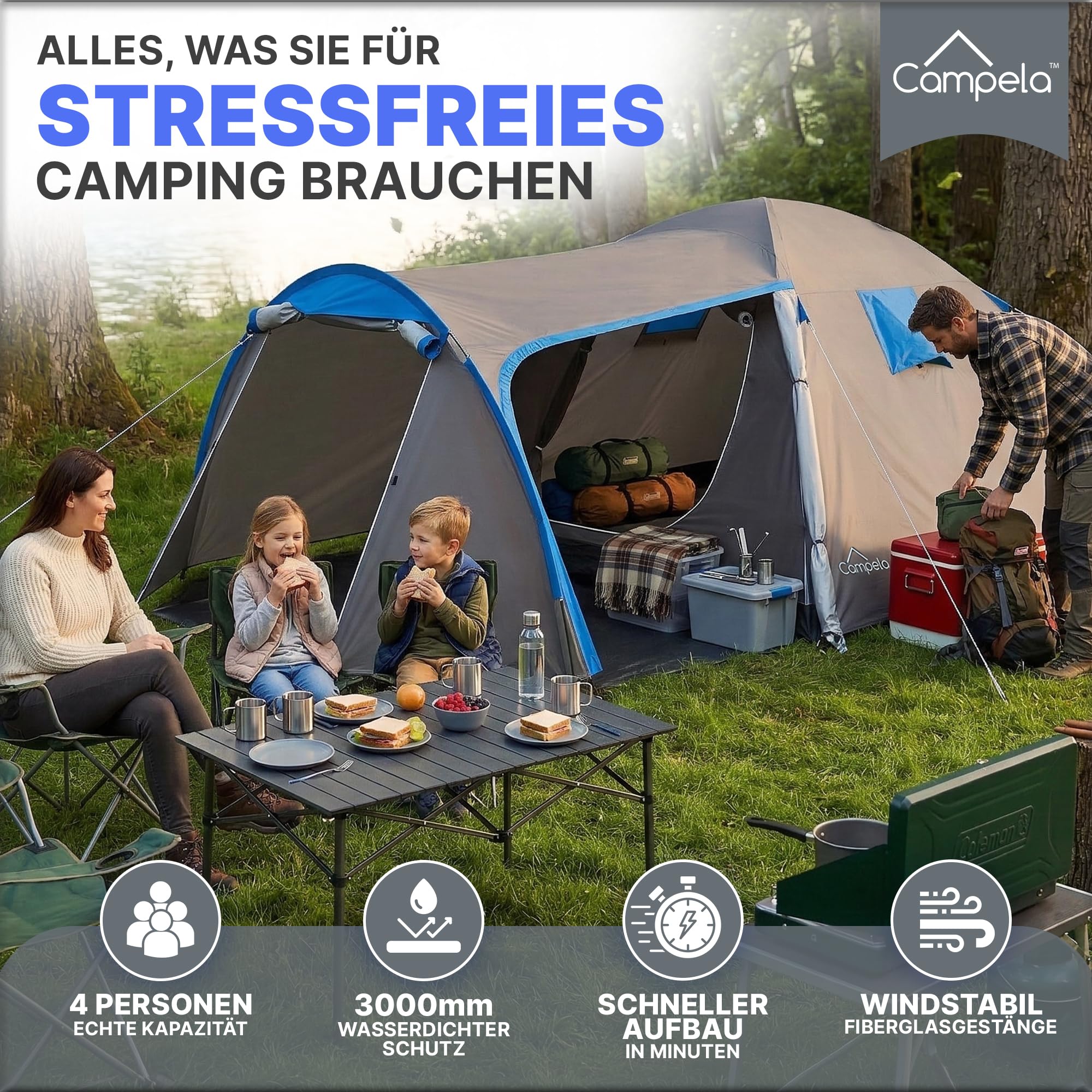 Touristenzelt, Familienzelt, Tropical, für 3-4 Personen, wasserdicht 3000m, geklebte Nähte, CA0013