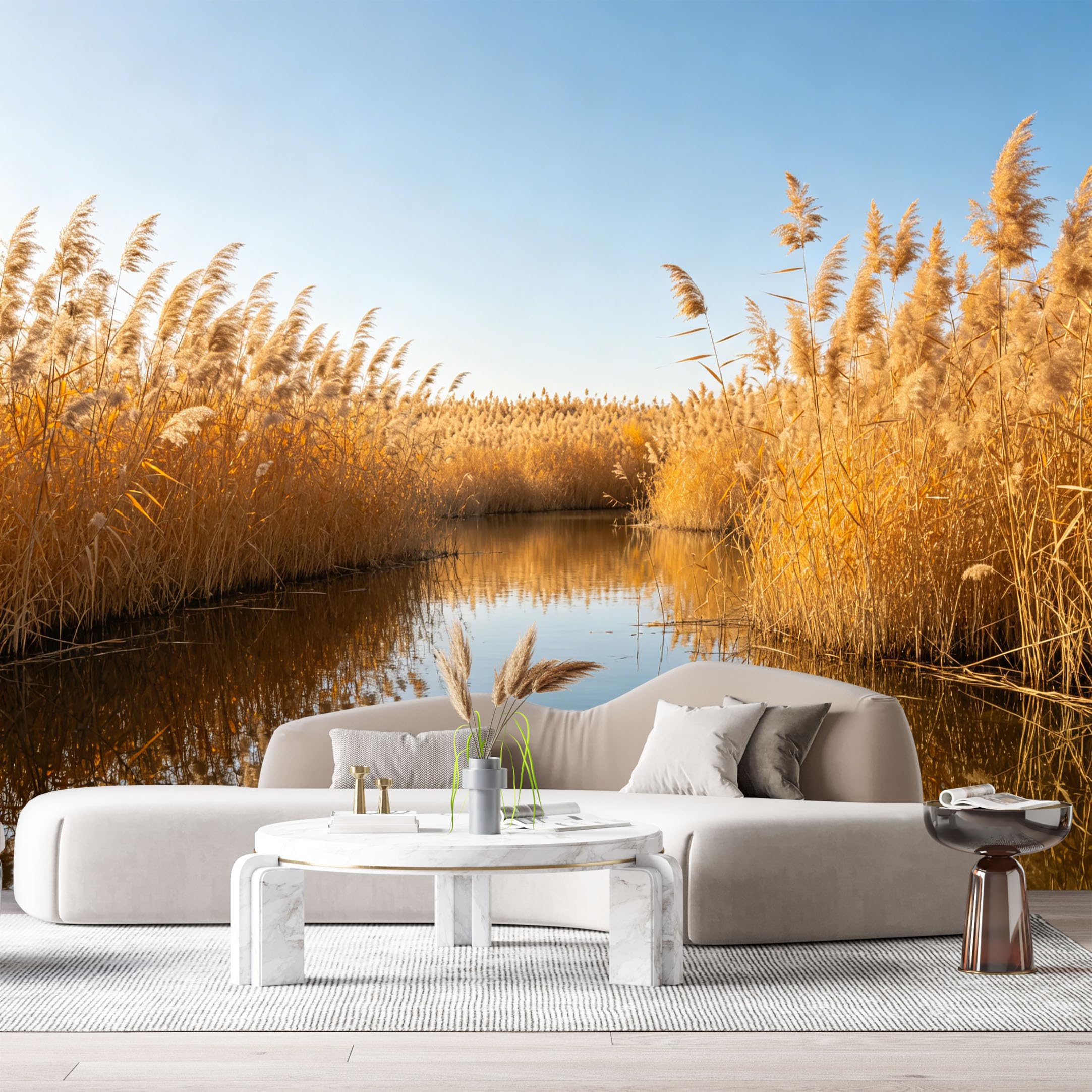 Custom Size Wall Murals Golden Reed Landscape Calm River Reflection Blue Sky Nature View SelfAdhesive Wall Fabric Removable Large Wallpaper for Photo Living Room