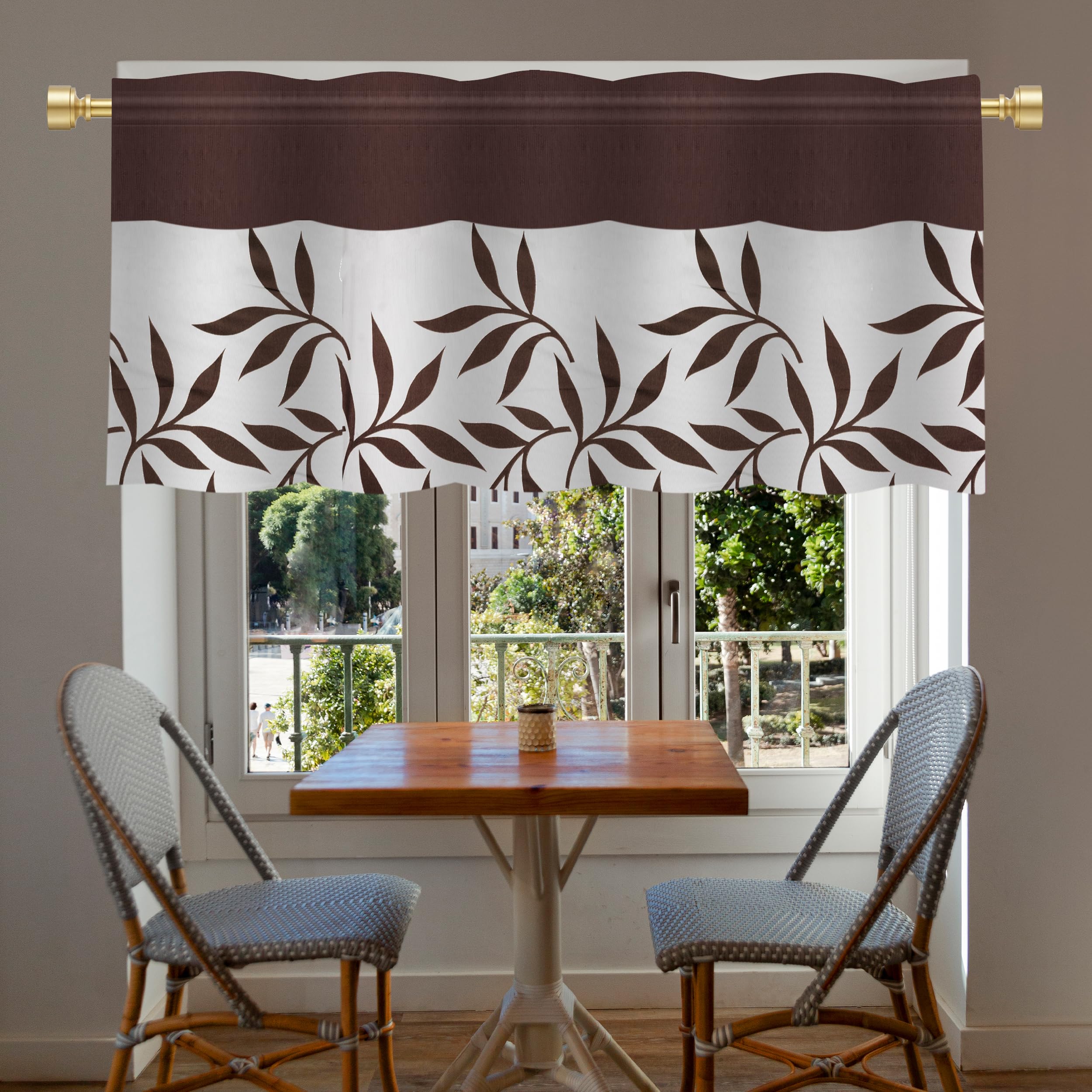HIMS Long Leef Print Valance Curtains for Kitchen Window, Short Curtains Valances Rod Pocket for Kitchen Bathroom Cafe Living Room (Brown,with 52 Inch X Length 24 Inch)