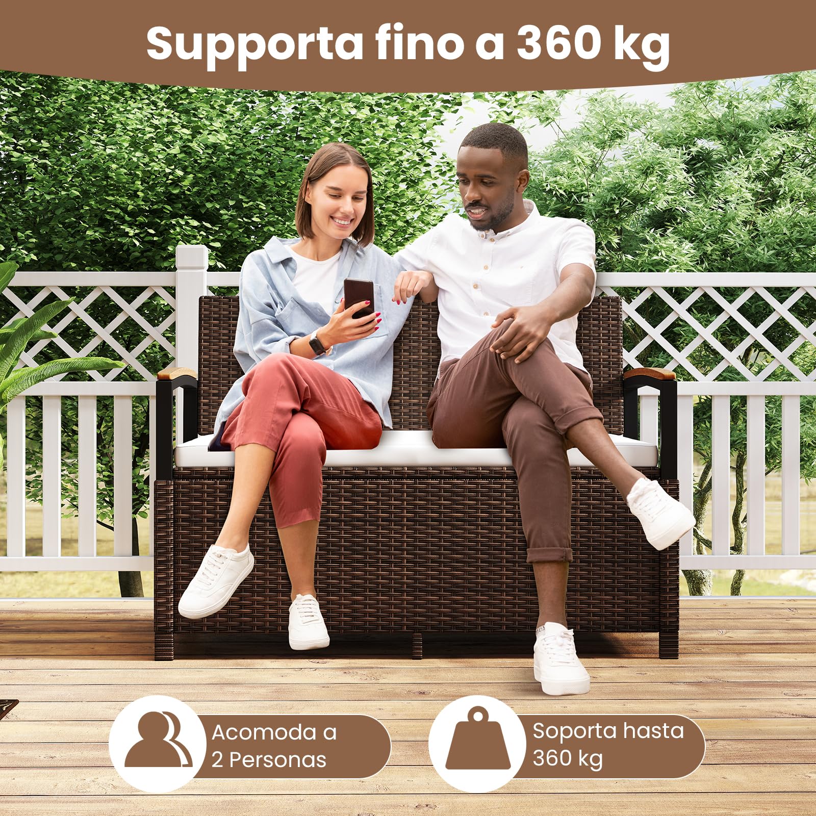 COSTWAY Banco de Almacenamiento Exterior Ratán, 175 L Baúl para Terraza con Cojín, Respaldo y Reposabrazos de Madera de Acacia, Sofá de Mimbre PE con Almacenamiento Oculto y Bolsa Impermeable (Blanco)