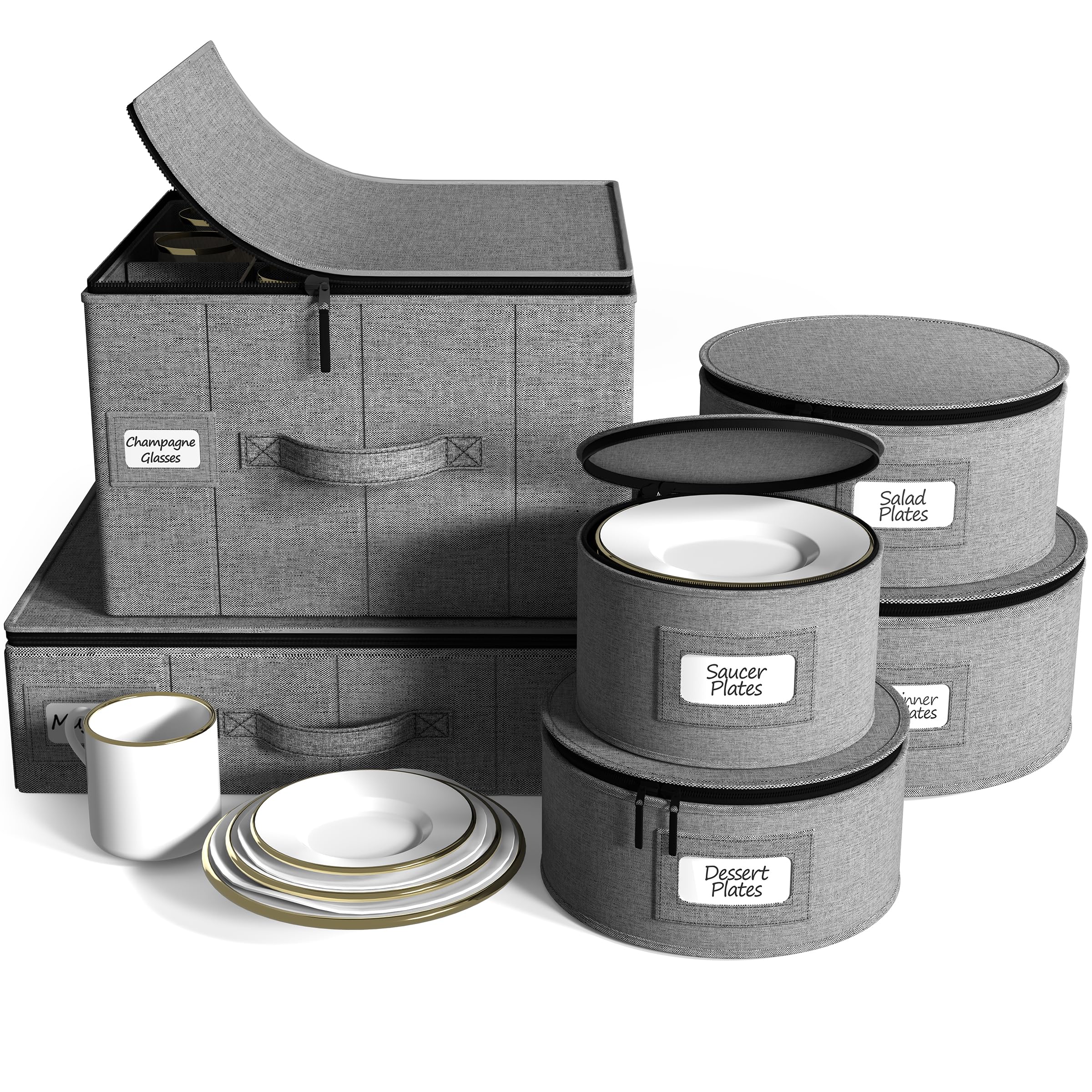 Sorbus China Storage Containers 6-Piece Set - Hard Shell Dinnerware Organizer for Plates, Glasses, Mugs & Saucers (Holds Service for 12) with Felt Protectors for Moving & Storage