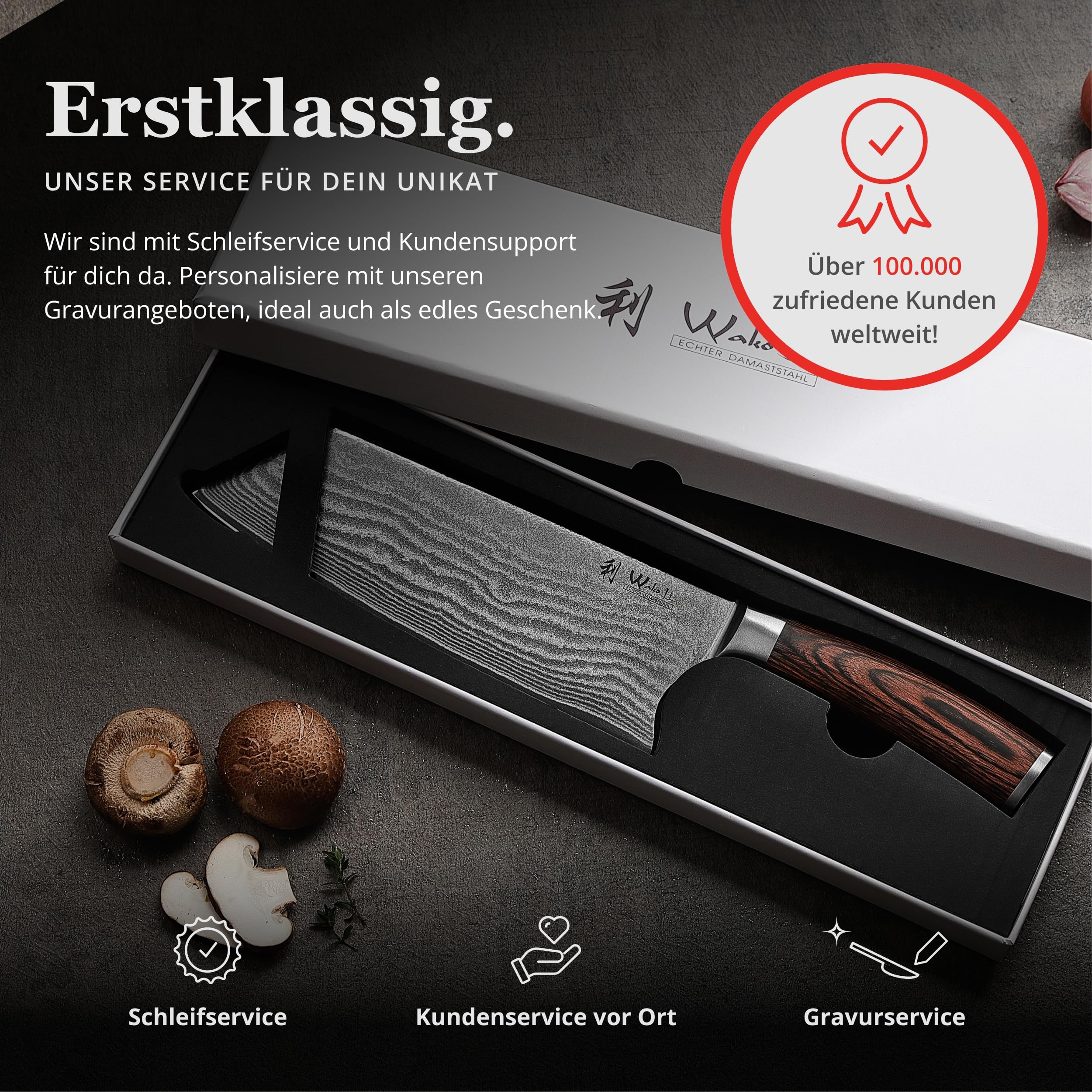 Wakoli EDIB Kiritsuke Messer mit 20 cm Klinge aus Damaststahl mit VG10 Kern | 67 Lagen, 60 ± 2 HRC, 33 cm Gesamtlänge, Pakkaholzgriff und Geschenkbox; beidseitiger V-Schliff für Fleisch, Fisch und Gemüse