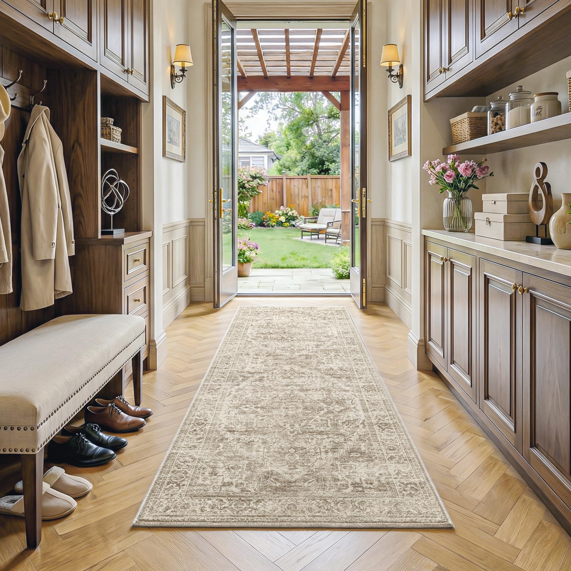 Beauoop Hallway Runner Rug Brown Neutral Washable 60x180 cm Non Slip Low Pile Vintage Traditional Indoor Carpet Soft Retro Entryway Thin Rug for Kitchen Living Room Bedroom Bathroom Laundry Entrance