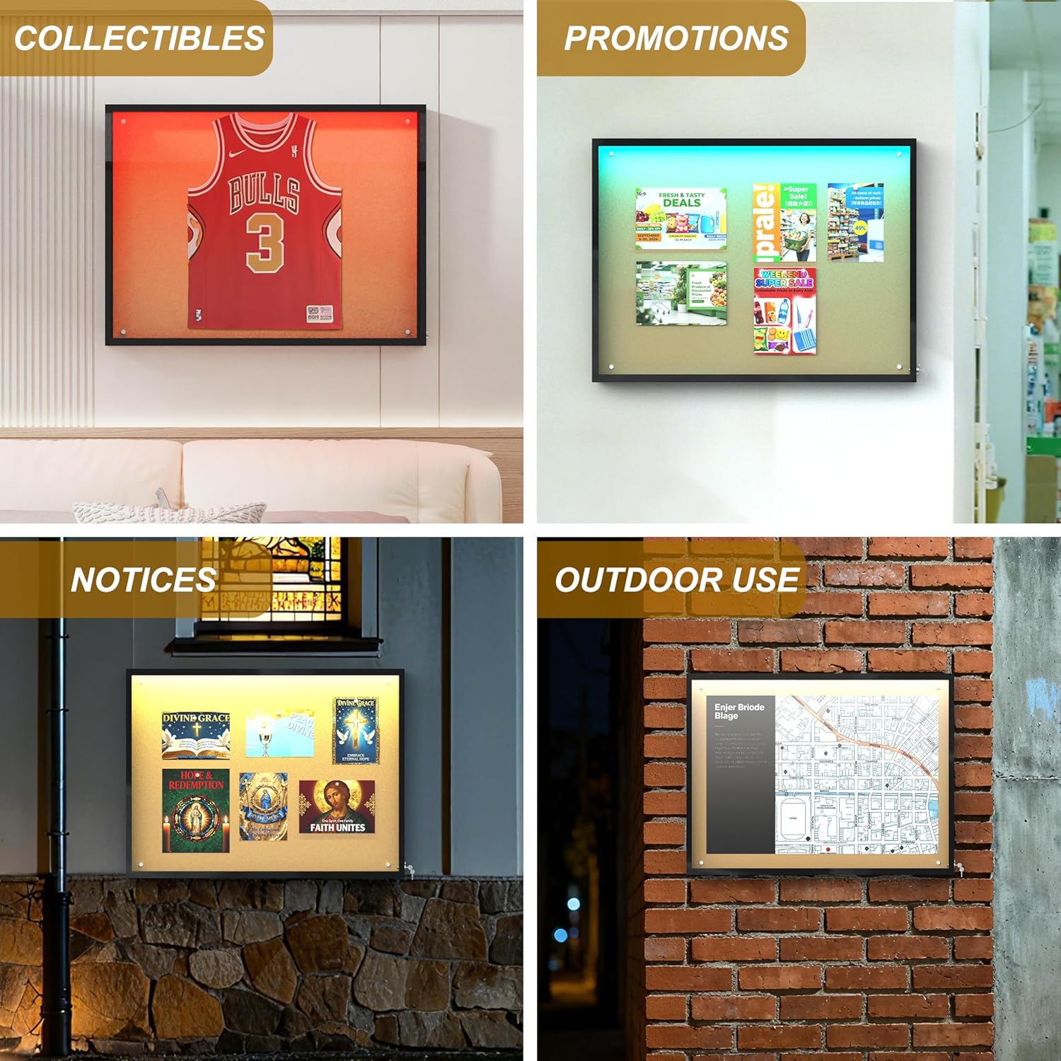 MESAILUP 48"X36" Enclosed Bulletin Board with LED Lights, IP65 Waterproof Notice Board Outdoor UV-Resistant, Lockable Cork Bulletin Board for Office, School, Restaurants