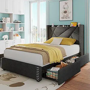 Feonase Upholstered Storage Bed Frame Twin Size with 4 Drawers, Platform Bed with Charging Station & Wingback Headboard, Solid Wood Slats Support, Dark Gray