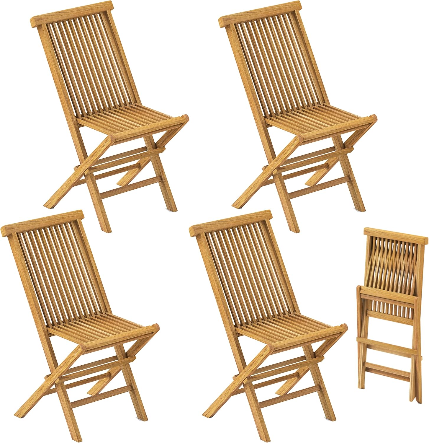 Tangkula Patio Folding Chairs Set of 4, No Assembly Outdoor Teak Wood Dining Chairs with Slatted Seat & Backrest, X-Shaped Frame, Portable & Lightweight Bistro Chairs for Poolside, Yard, Garden, Porch