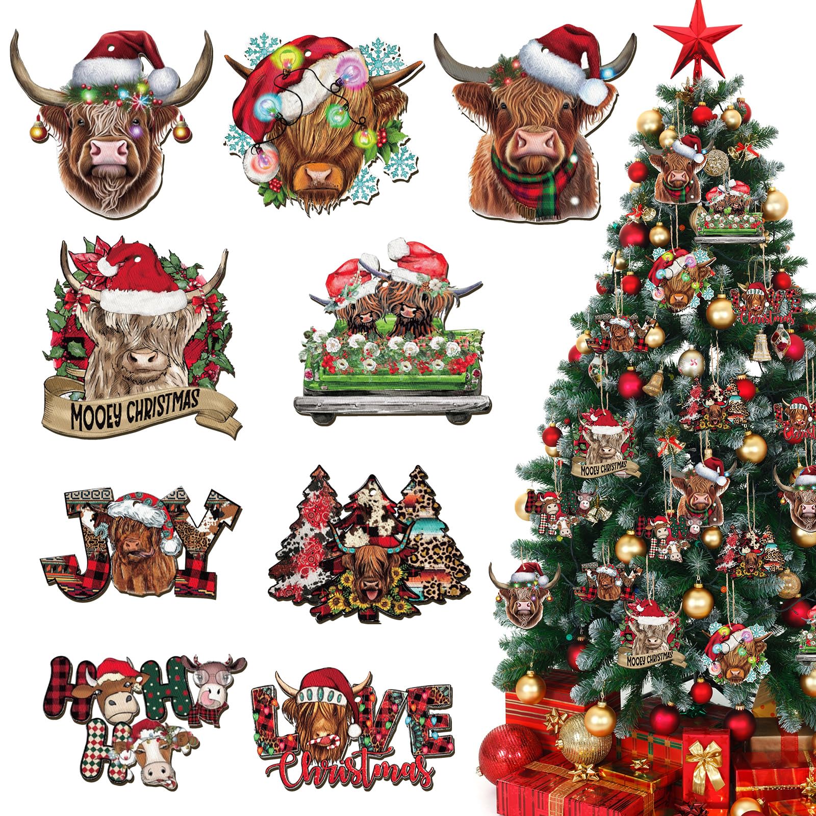 Suzile 18 Pieces Highland Cow Christmas Ornaments 3.15 Inch Cute Cartoon Wooden Decorative Hanging Ornament Wood Cow Pendant Ornaments for Christmas Tree Xmas Home Decor
