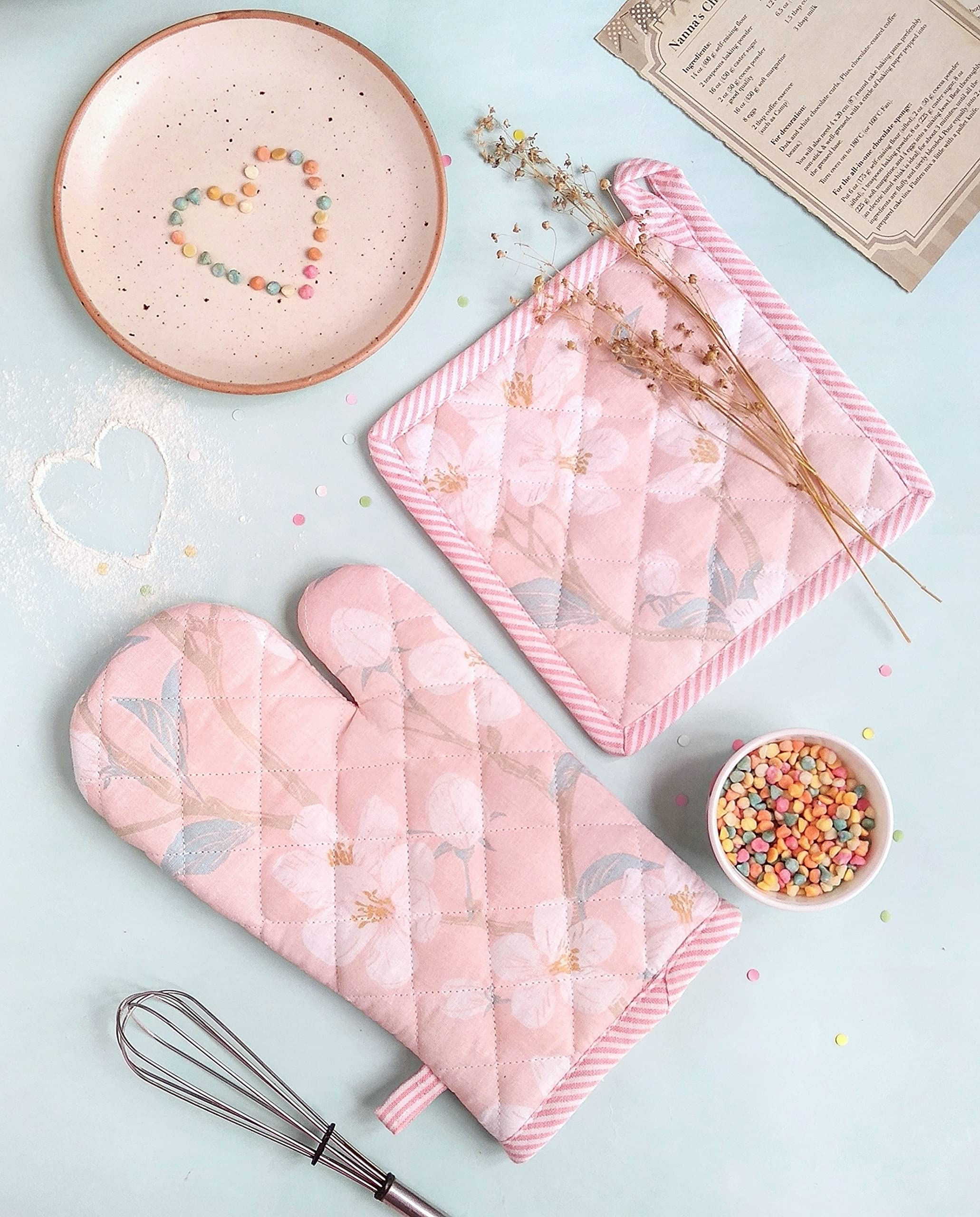 PIXEL HOME DECOR Cherry Blossom Collection Printed Oven Mitt and Pot Holder (Pink Blossom)-picture-30