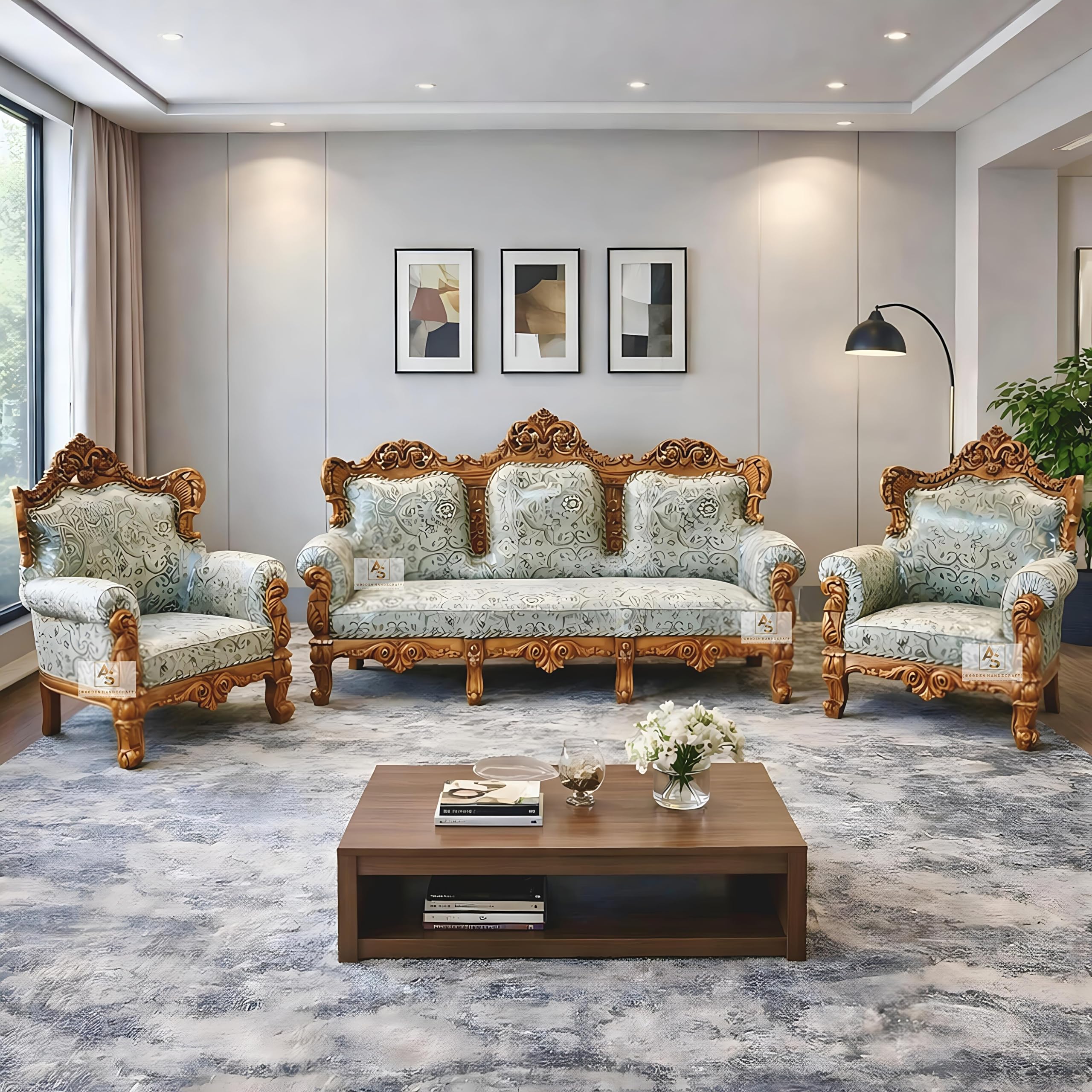 AS Wooden Handicraft Royal Carved Wooden Sofa Set | 3+1+1 Seater