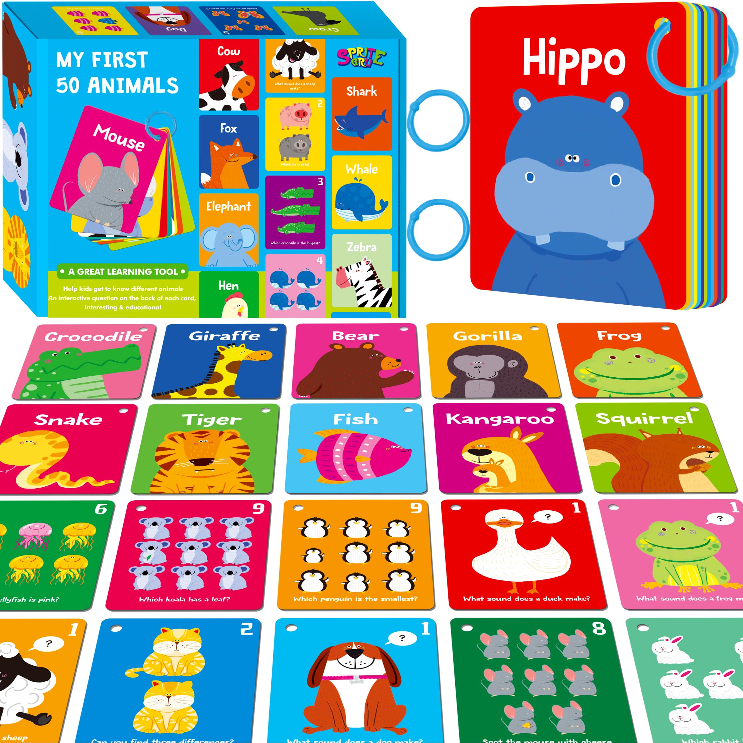 Animal Flashcards, 50 Double-Sided Cards, Wild/Farm/Marine Animal Cards Educational Learning Tools for Preschool and Toddlers Learning (2 Reclosable Rings Attached)