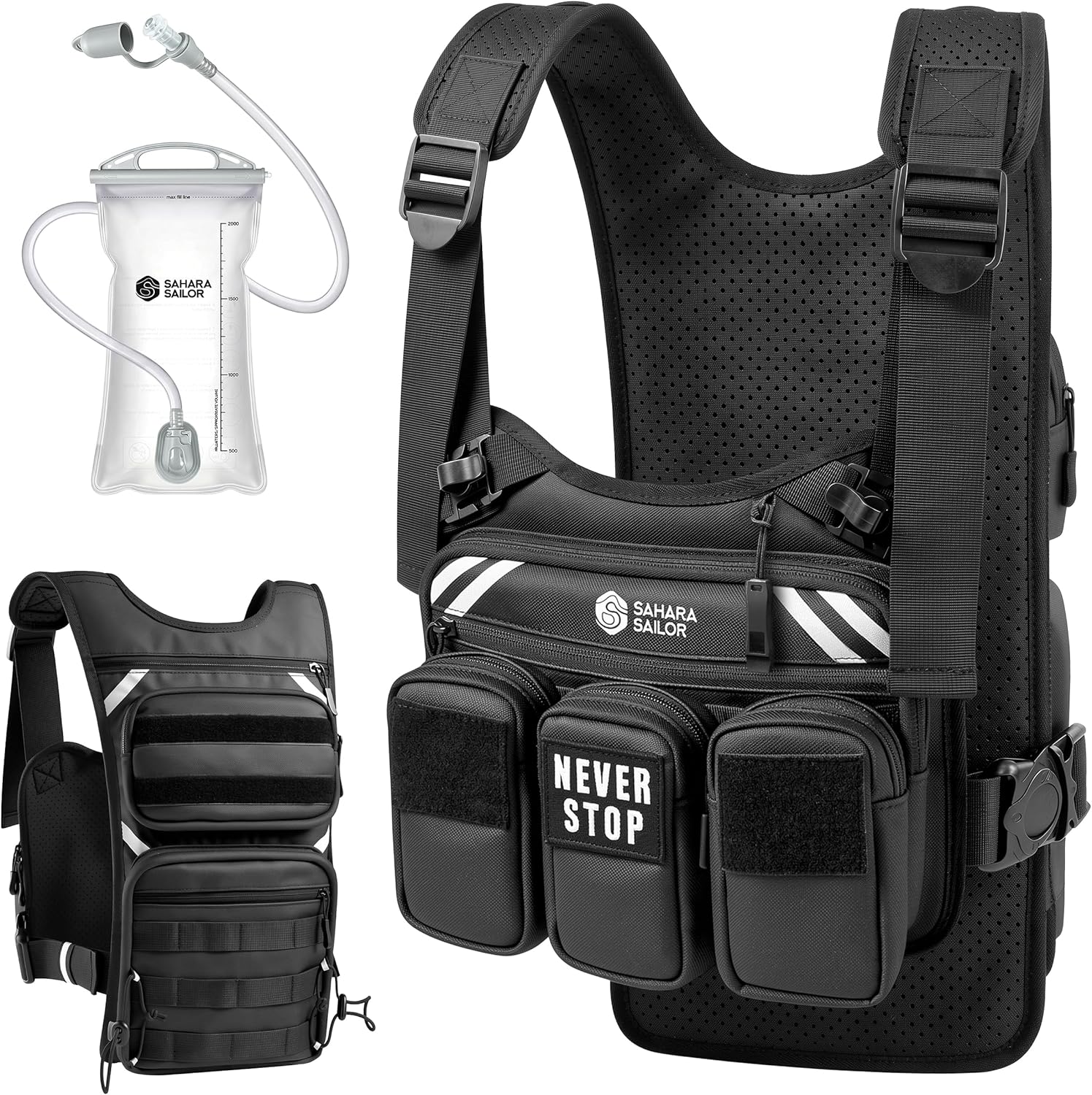 Sahara Sailor Tactical Running Vest, Hydration Backpack with 2L Water Bladder & Holster, Adjustable Molle Training Vest for Men Women, High-Capacity Storage for Phone, Energy Gels, Outdoor Hiking