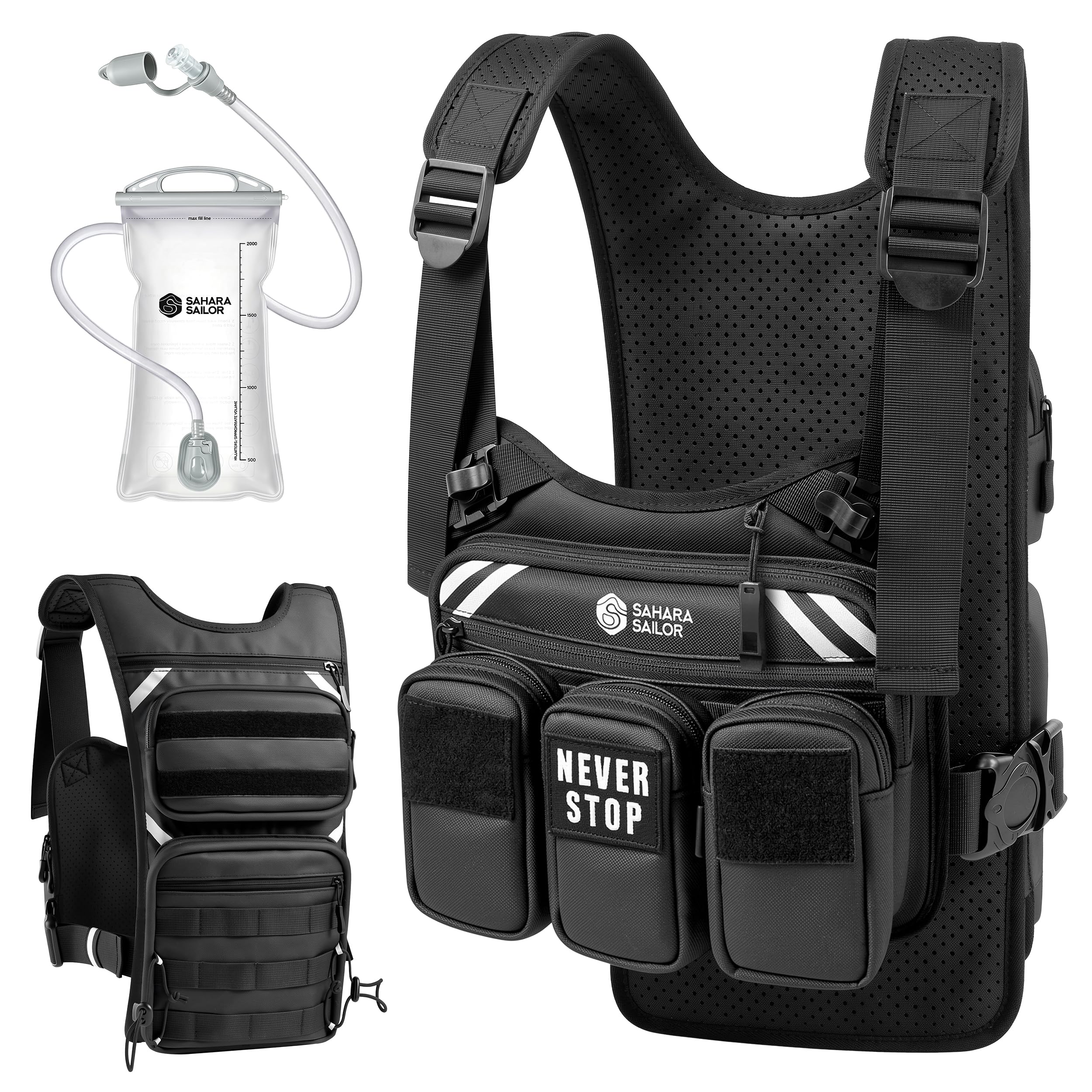 Gilet de course pour homme et femme, sac à dos d'hydratation multi-poches avec poche d'eau de 2 L, rangement modulaire MOLLE, épaules et taille réglables, réfléchissant, respirant pour la randonnée