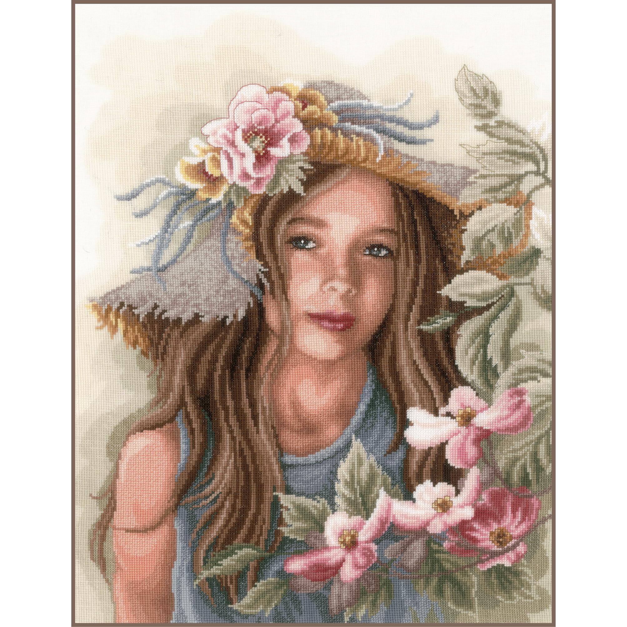 Lanarte Kreuzstich Stickpackungen Mädchen mit Hut – 36 x 46 cm Wanddekoration