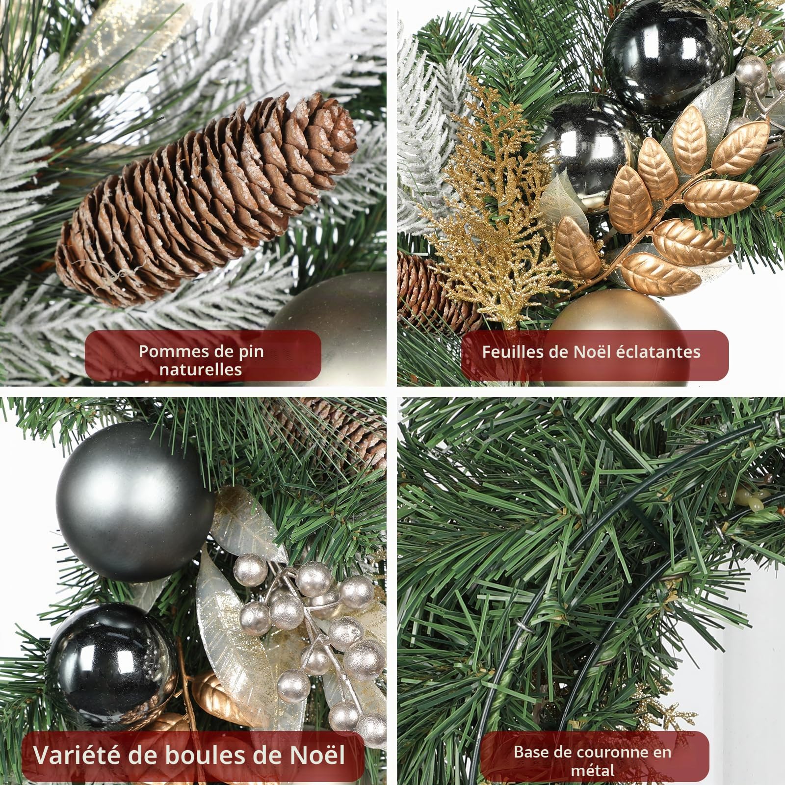Hollyone Couronne de Noël Couronne de Porte pour Noël, Ø 60CM couronnes artificielles pour Porte d'entrée avec Boules de Noël, Baies, Pommes de pin et Aiguilles, Couronne décorative pour l'Avent