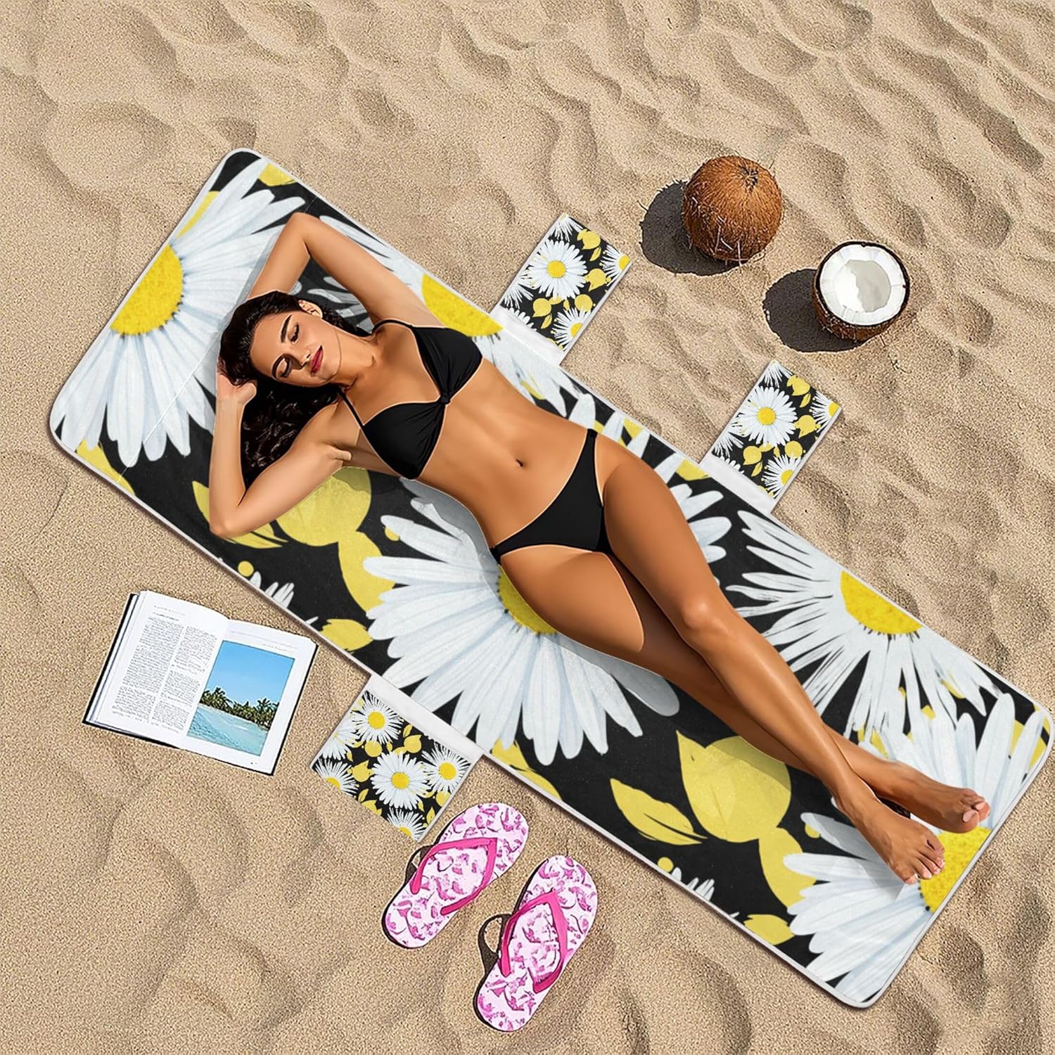 White Daisies Yellow Centers Chaise Lounge Cover Chair Towels Beach Chair Covers with Pockets Lawn Sun Lounger 85 x 30 Inch