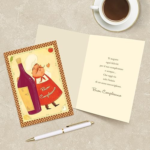 Miniatura 6 de Designer Greetings Tarjetas de feliz cumpleaños en idioma italiano, chef "Buon Compleanno" con diseño de botella de vino (paquete de 6 tarjetas con