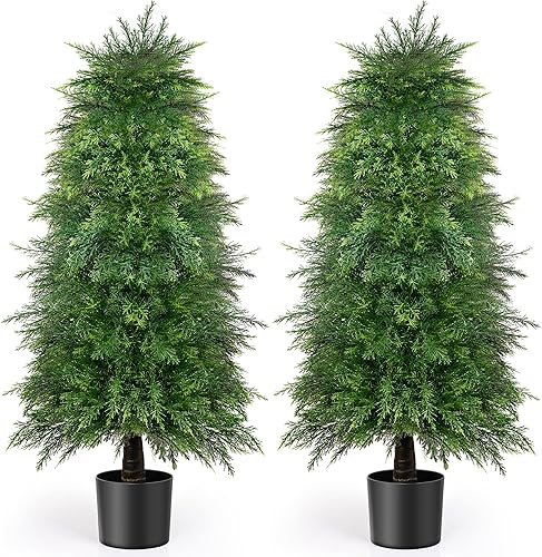 HONHAND Paquete de 2 árboles de cedro artificiales de 4 pies para exteriores, árboles topiarios de cedro sintético, plantas, arbustos y arbustos,