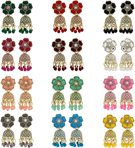 Traditional Jhumka meenakari oxidised kundans flower Jhumka Earrings, Floral Design with Beaded Danglers, Multiple Colours...